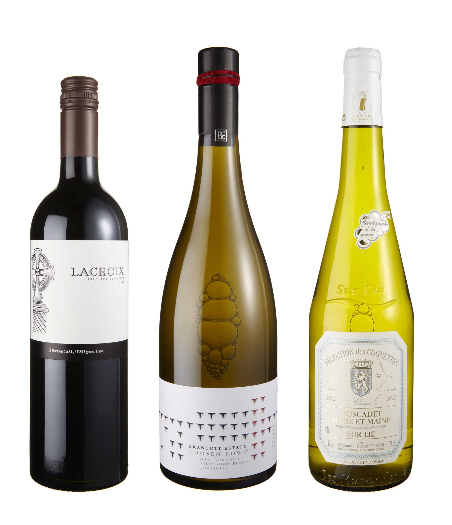 2007 Lacroix, Bordeaux Supérieur; 2010 Brancott Estate Chosen Rows Sauvignon Blanc, Marlborough; 2012 Sélection des Cognettes, Muscadet de Sèvre et