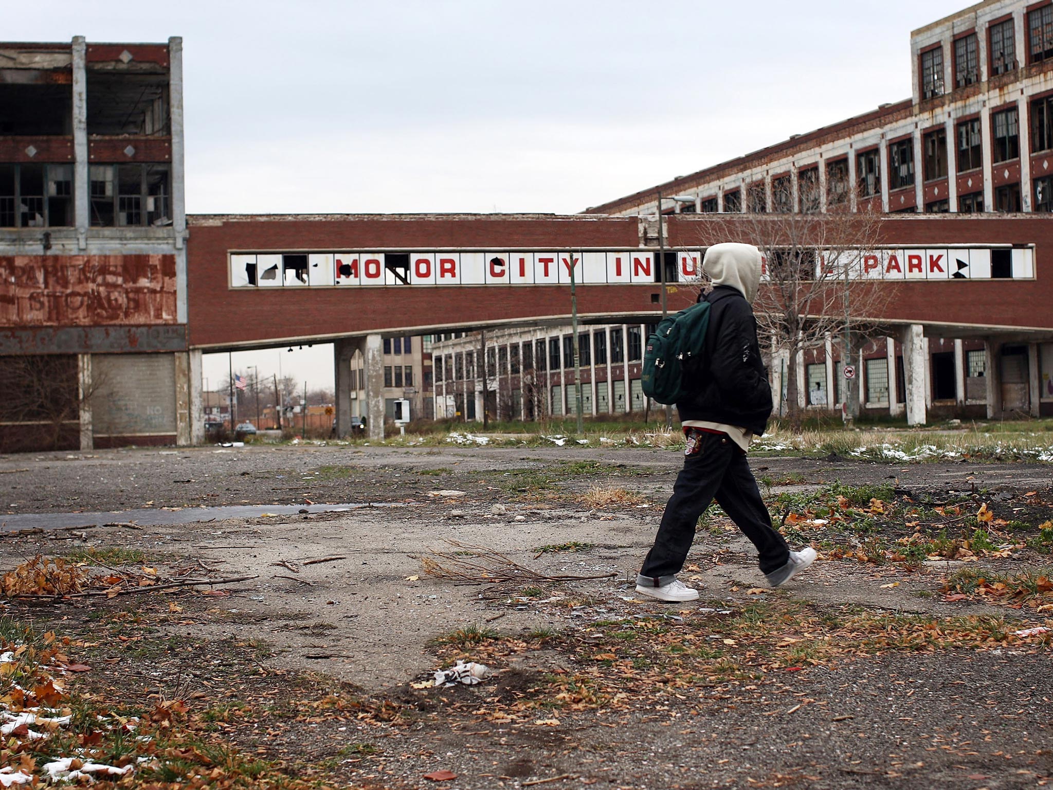 November 2008: A person walks past the remains of the Packard Motor Car Company, which ceased production in the late 1950s in Detroit