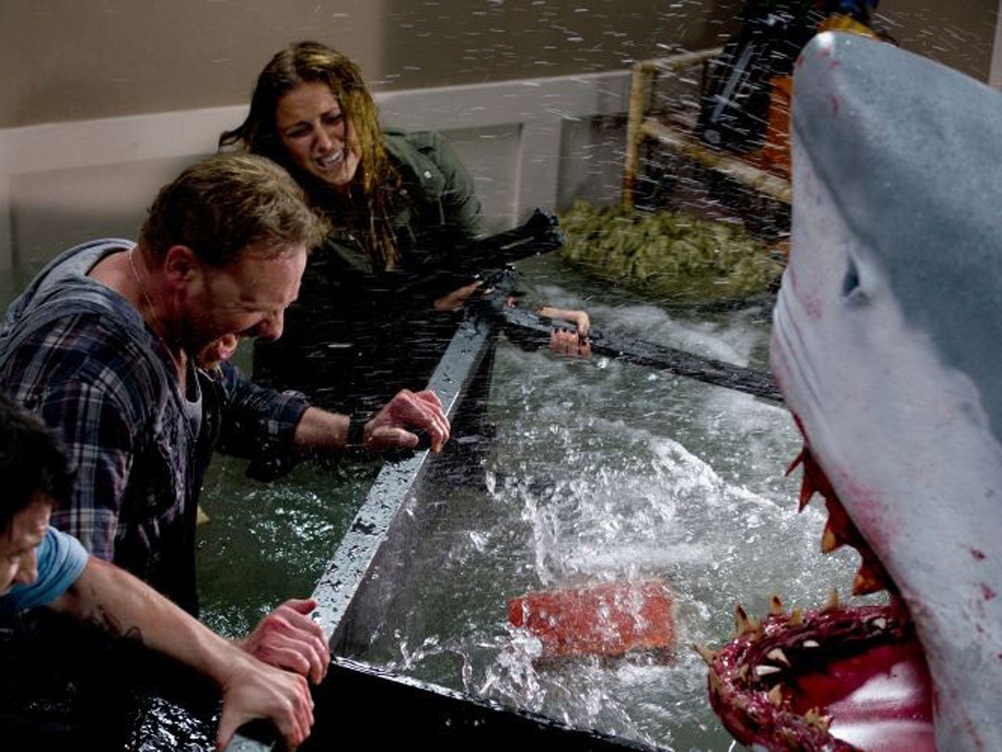 Fintasy: Ian Ziering (centre), Cassie Scerbo, and (below) Tara Reid in ‘Sharknado’