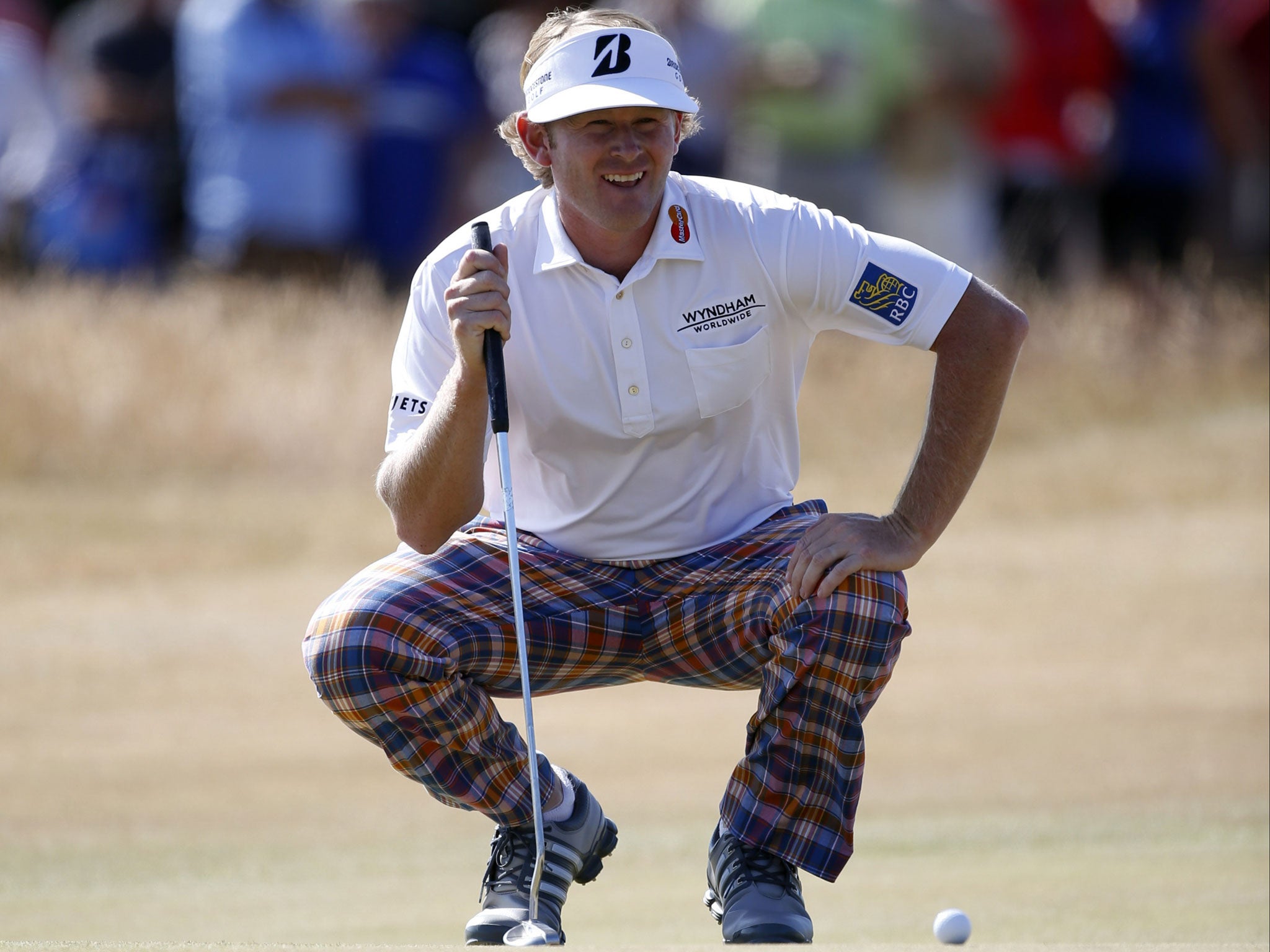 Brandt Snedeker of the United States lines up a putt on the 10th green during the second round of the British Open Golf Championship at Muirfield