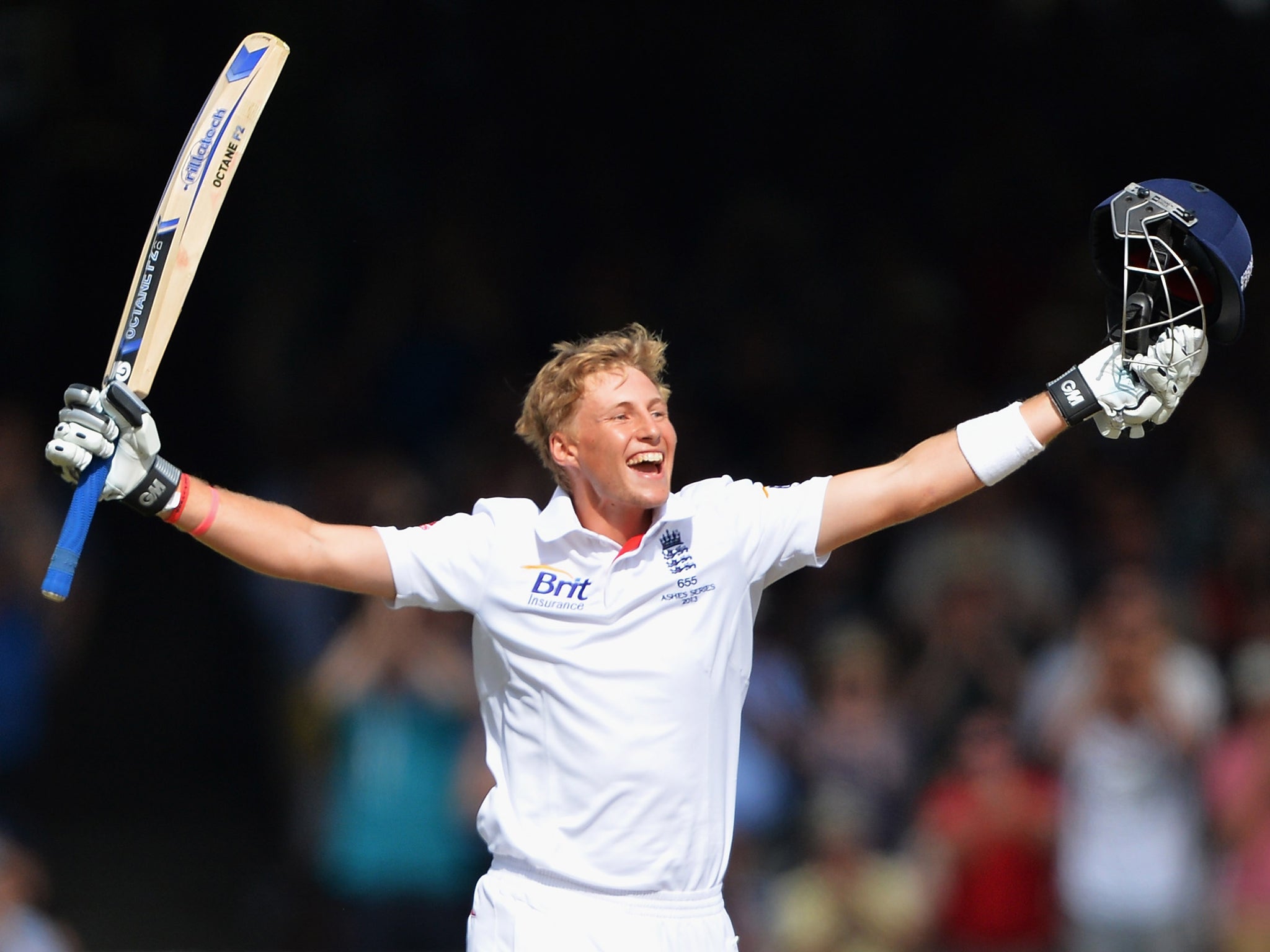 Joe Root celebrates his maiden Test century