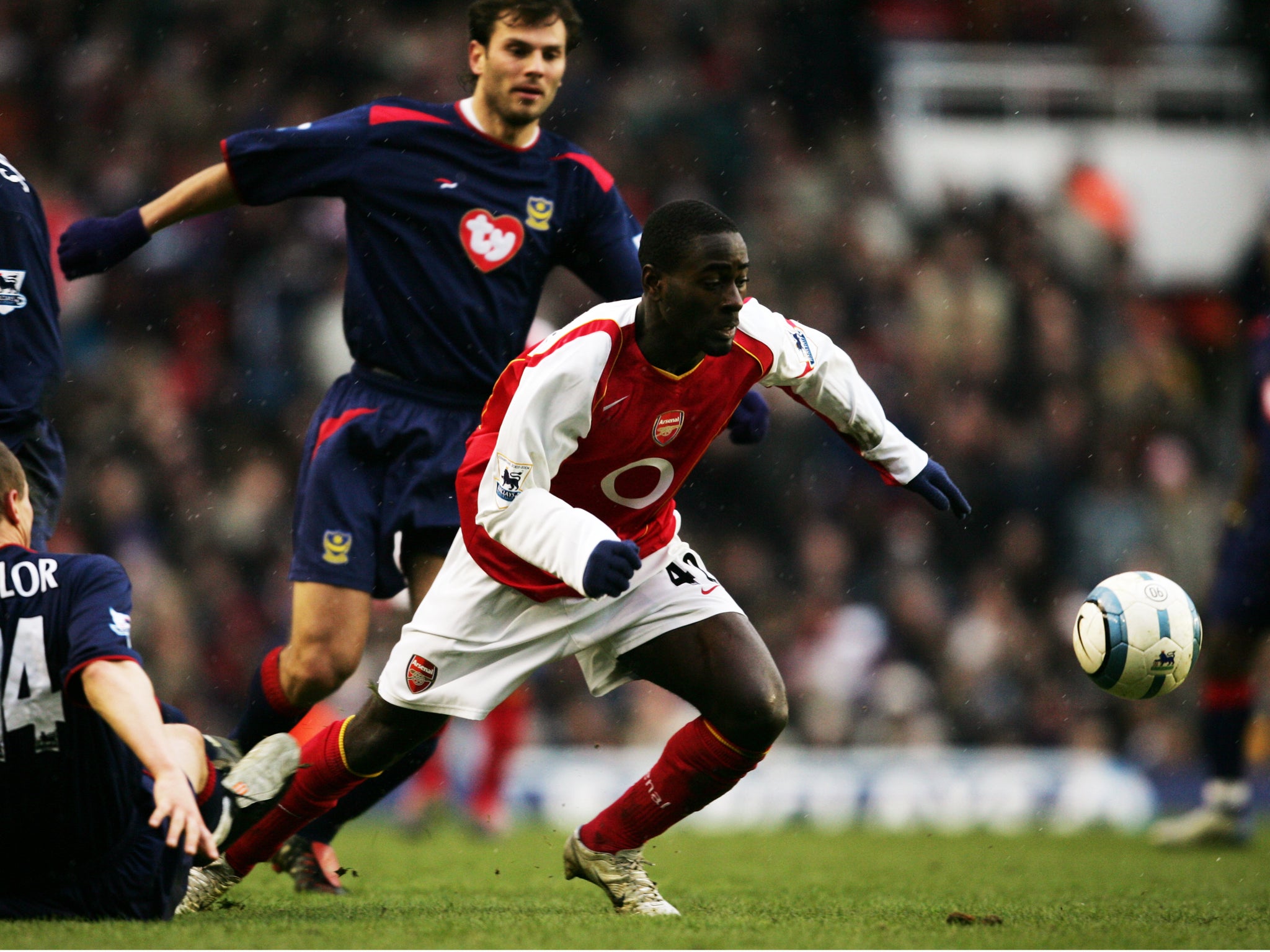 Quincy Owusu-Abeyie in action for Arsenal against Portsmouth in March 2005