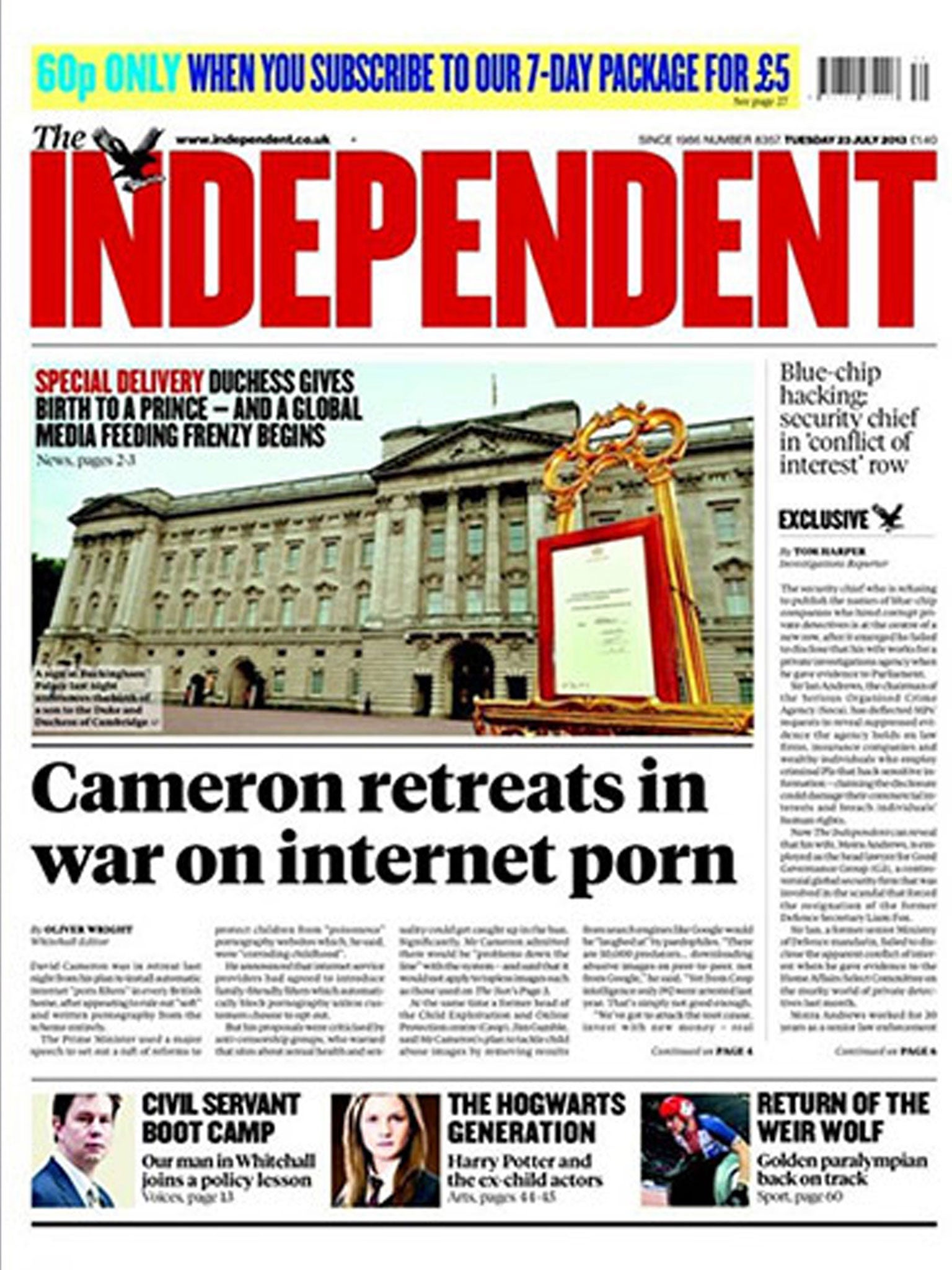 The Independent led with an image of the royal announcement