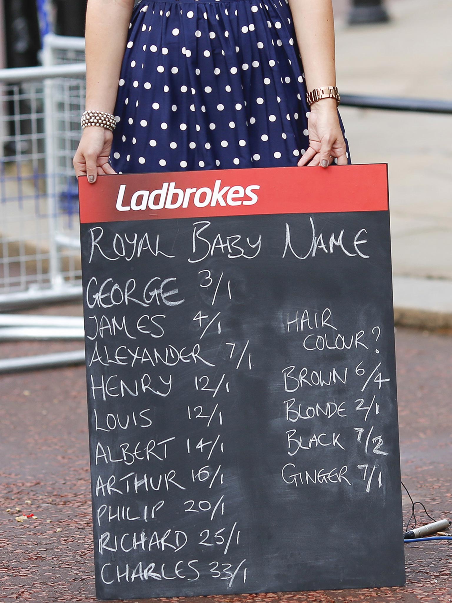 A woman holds a Ladbrokes board listing possible baby names to bet on as media gather outside Buckingham Palace to read the easel displaying the announcement of the son of The Duke and Duchess of Cambridge