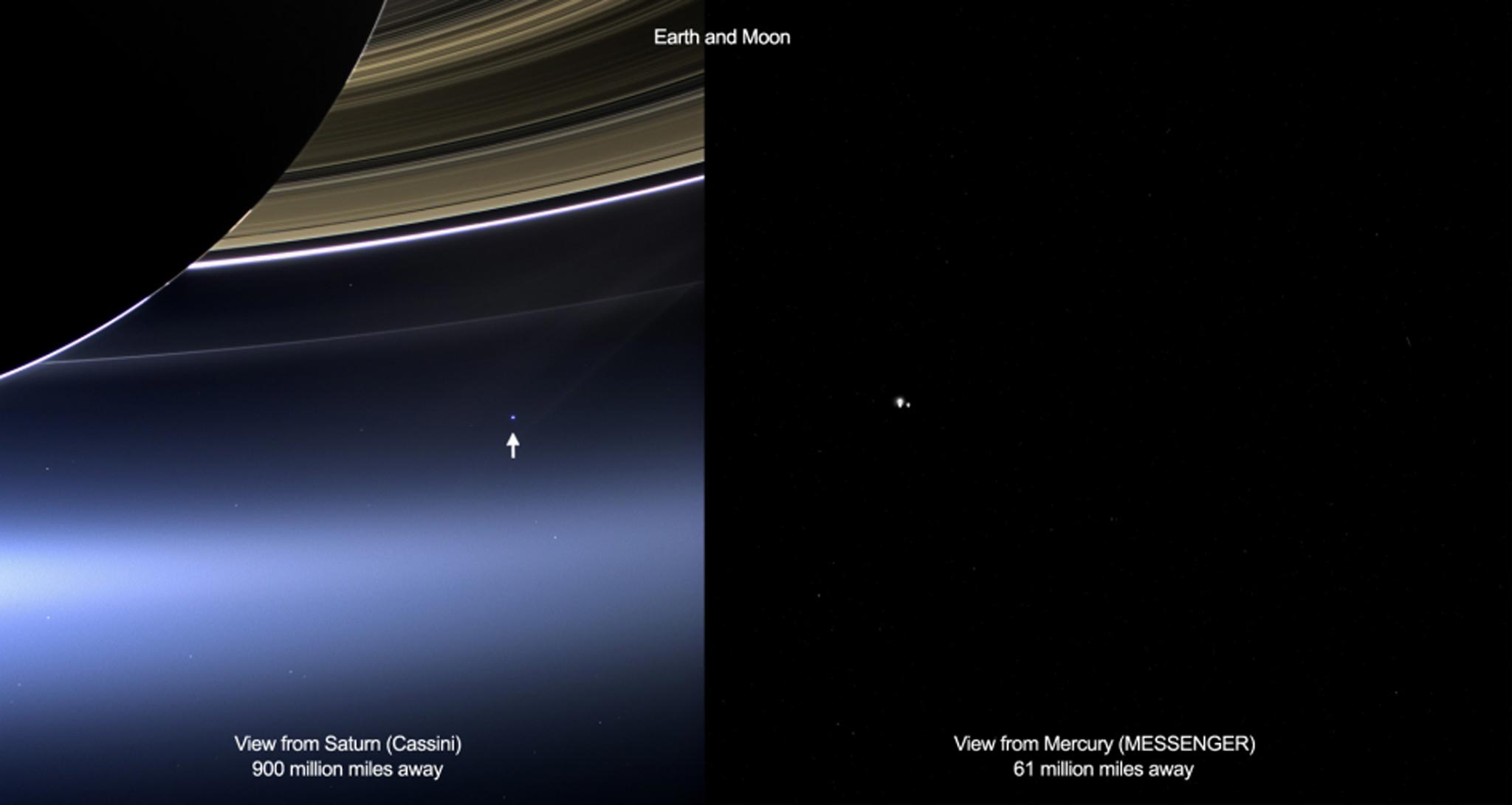 The Earth and its moon as seen from Saturn and Mercury