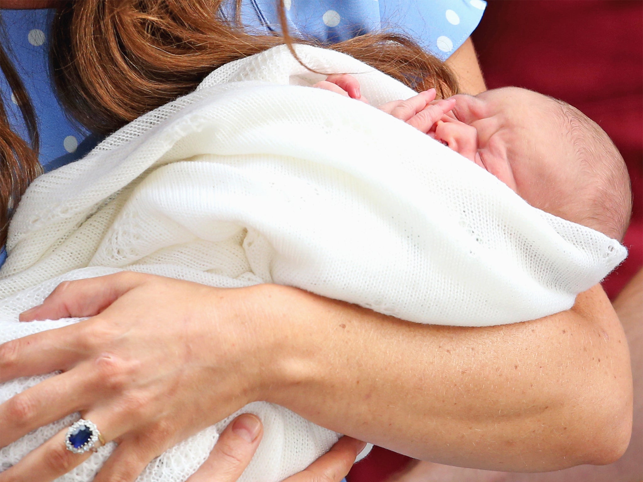 The Duchess of Cambridge holds her newborn son, the third in line to the throne (Getty)