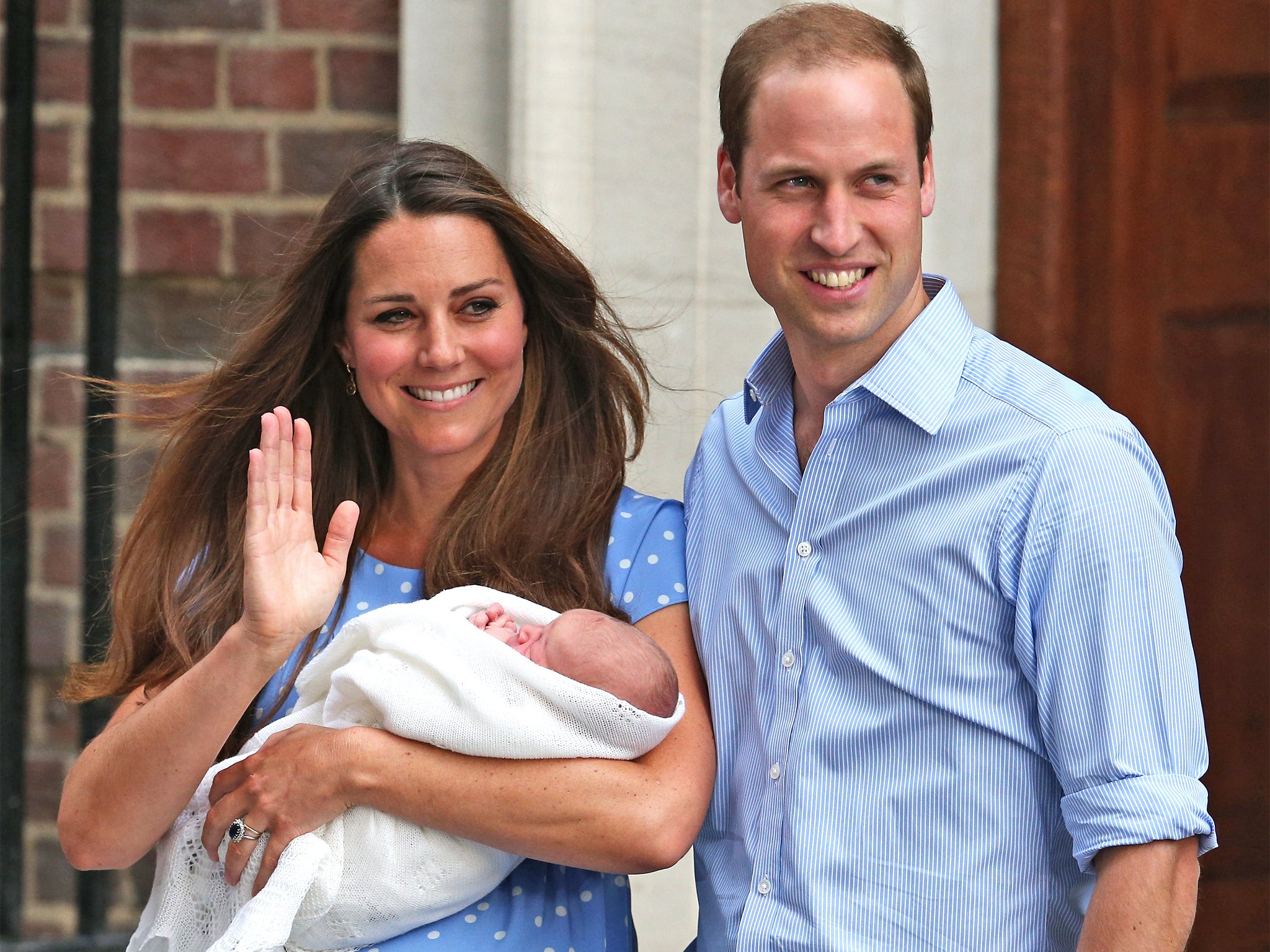 Prince William, Duke of Cambridge and Catherine, Duchess of Cambridge, depart The Lindo Wing with their newborn son at St Mary's Hospital