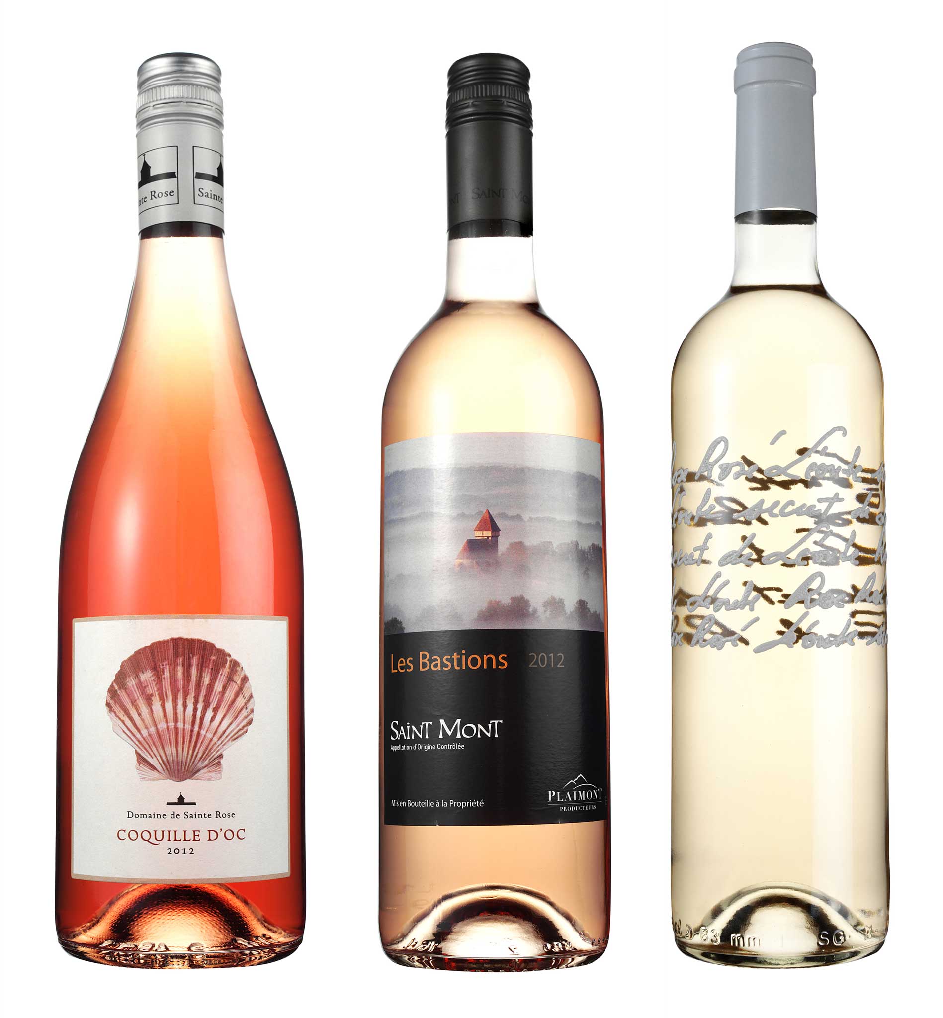 Coquille d'Oc Rosé, Domaine de Sainte Rose, 2012; Les Bastions Rosé Saint Mont 2012; Le Secret de Léoube Rosé 2011