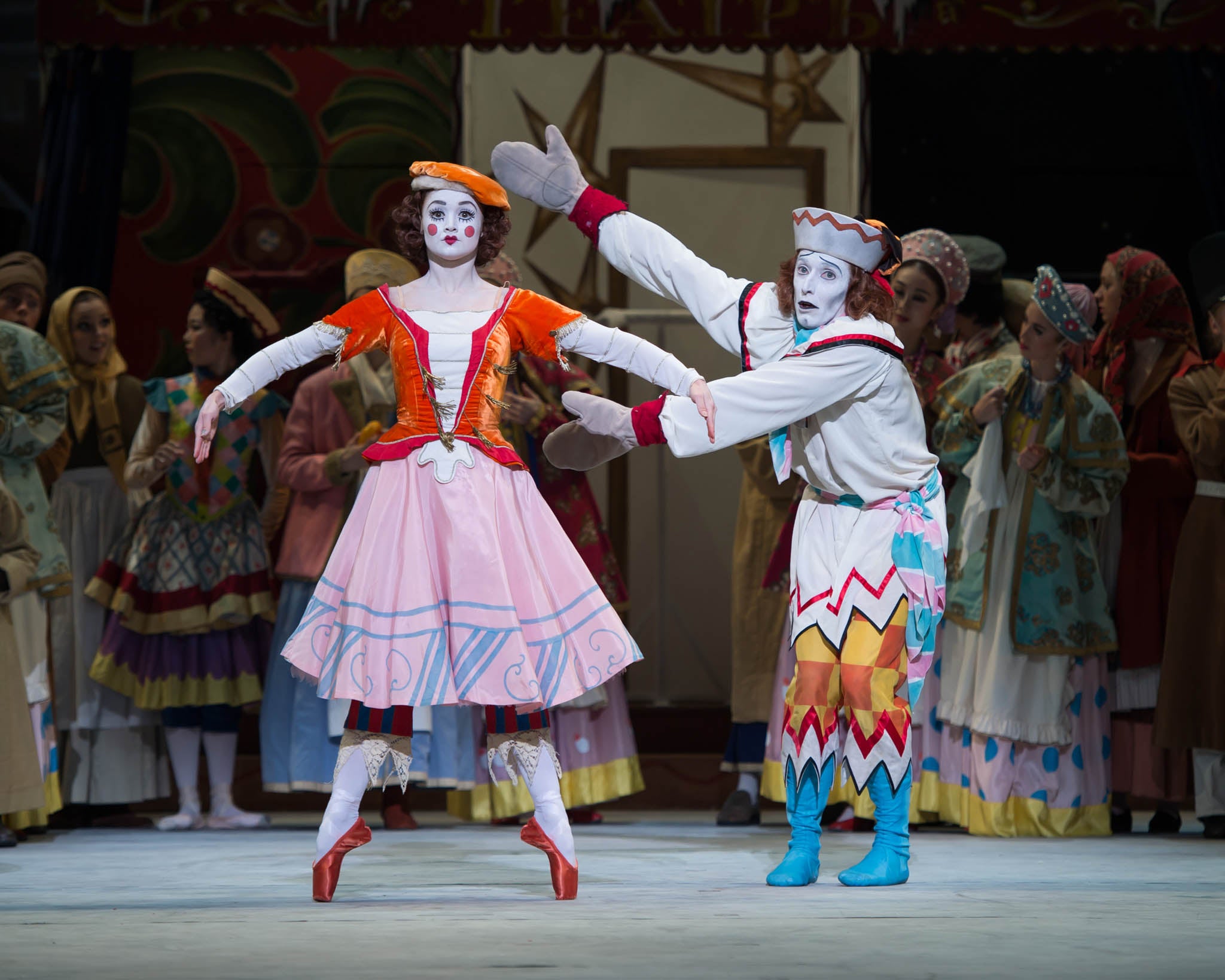 Fabian Reimair as Petrushka, Nancy Osbaldeston as the Ballerina in Petrushka