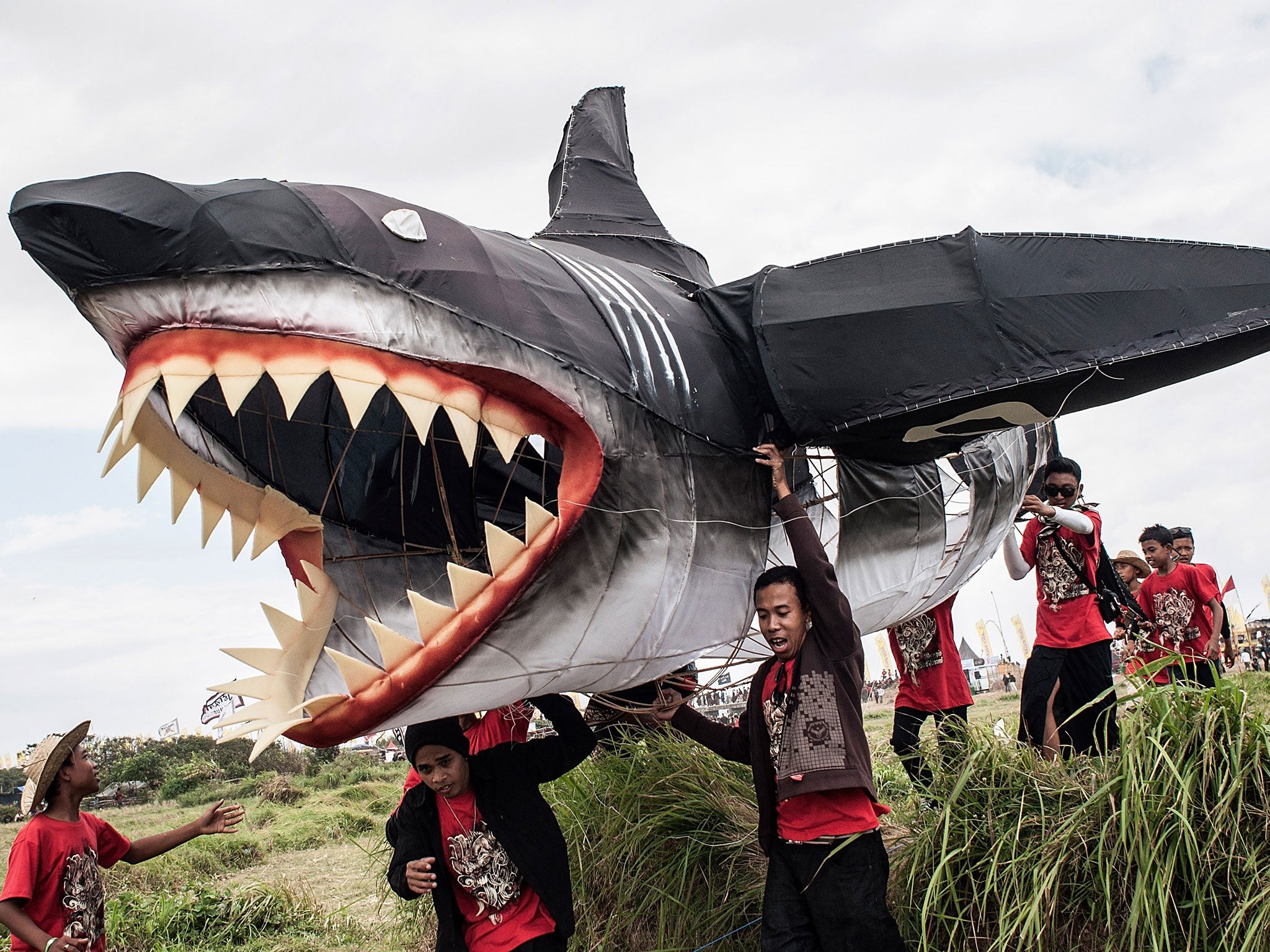 Participants carry a shark shaped kite during the Bali Kite Festival in Denpasar, Bali, Indonesia