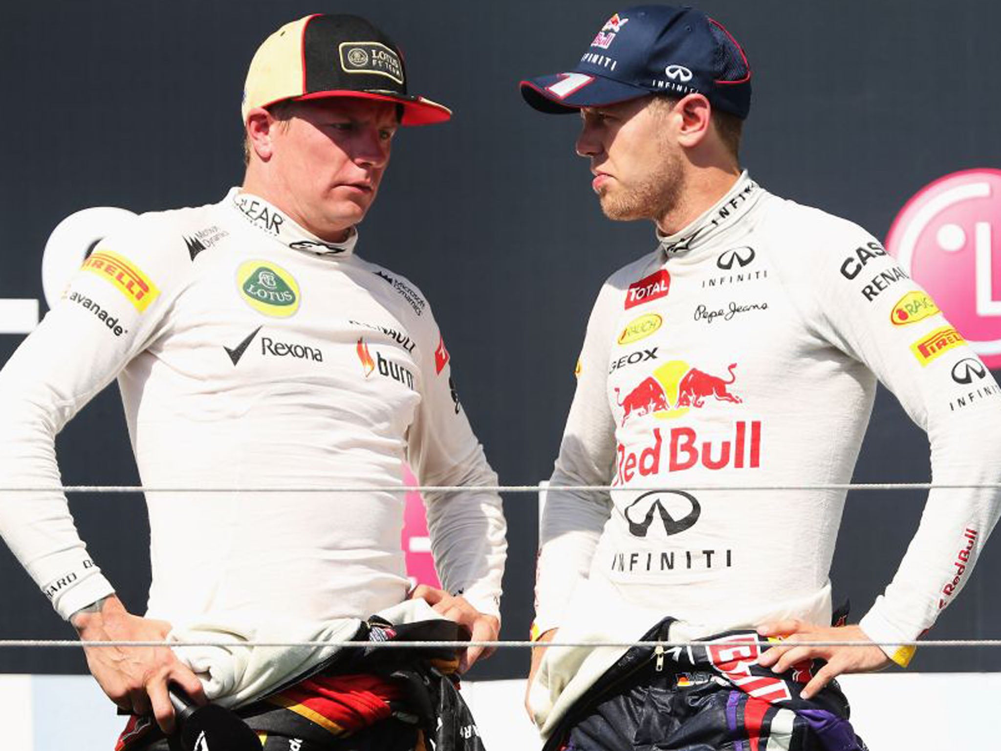 Kimi Raikkonen and Vettel talk after the race, with the Finn managing to keep the championship leader at bay to take second - after the race Vettel played down an incident between the pair where Raikkonen had blocked him from passing during the last few