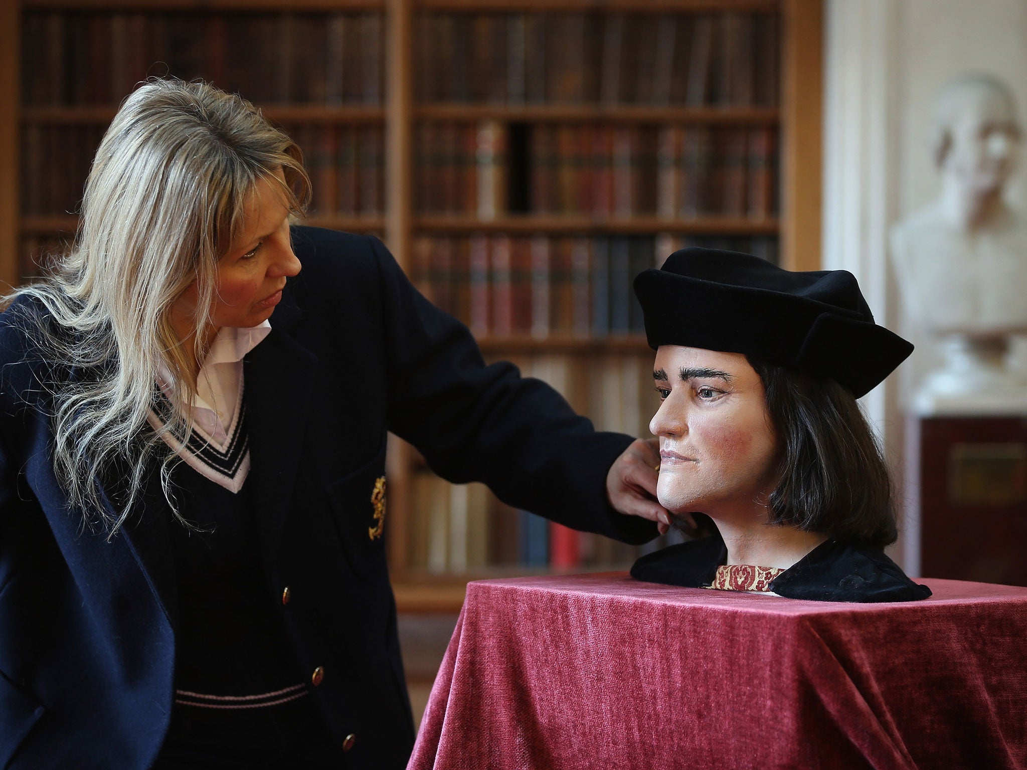 Richard III Society member Philippa Langley stands besides a facial reconstruction of King Richard III before it is unveiled by the Richard III Society on February 5, 2013 in London, England.