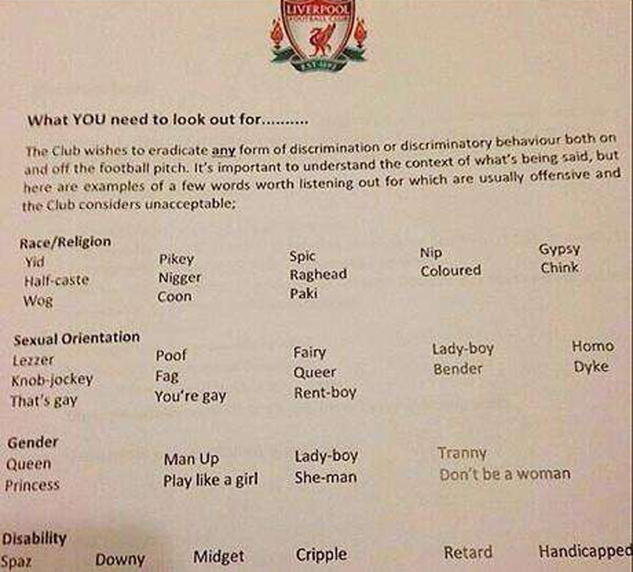 Liverpool's list of banned word's and phrases that has been issued to members of staff