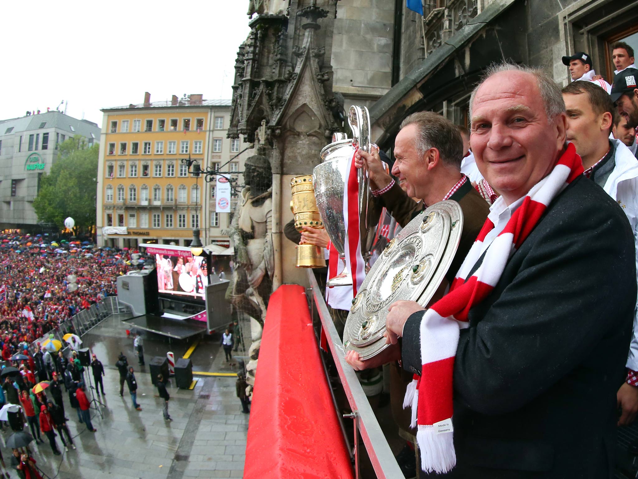 Uli Hoeness celebrates the club completing the treble last season