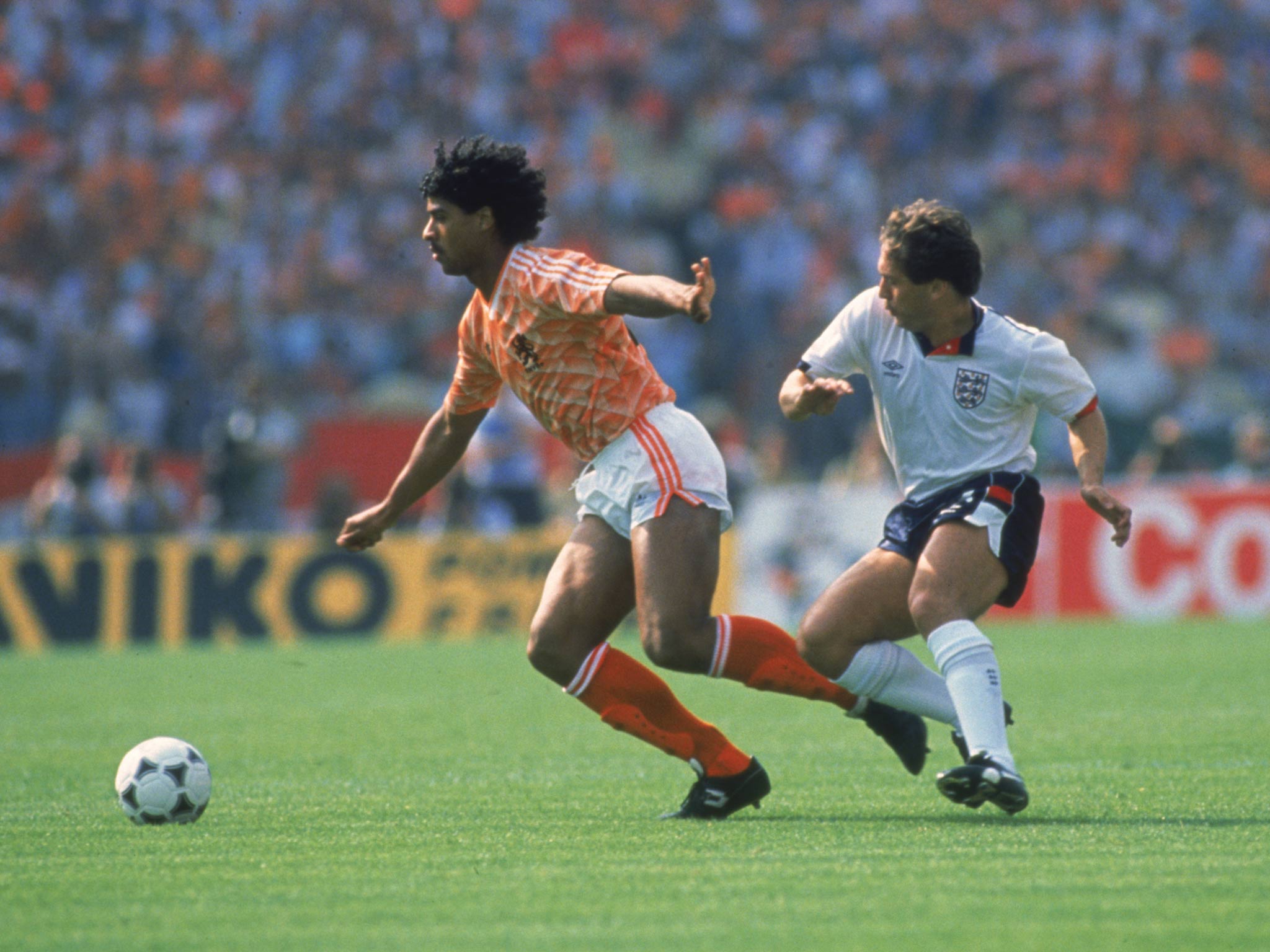 Kenny Sansom pictured playing for England in 1988 against Frank Rijkaard