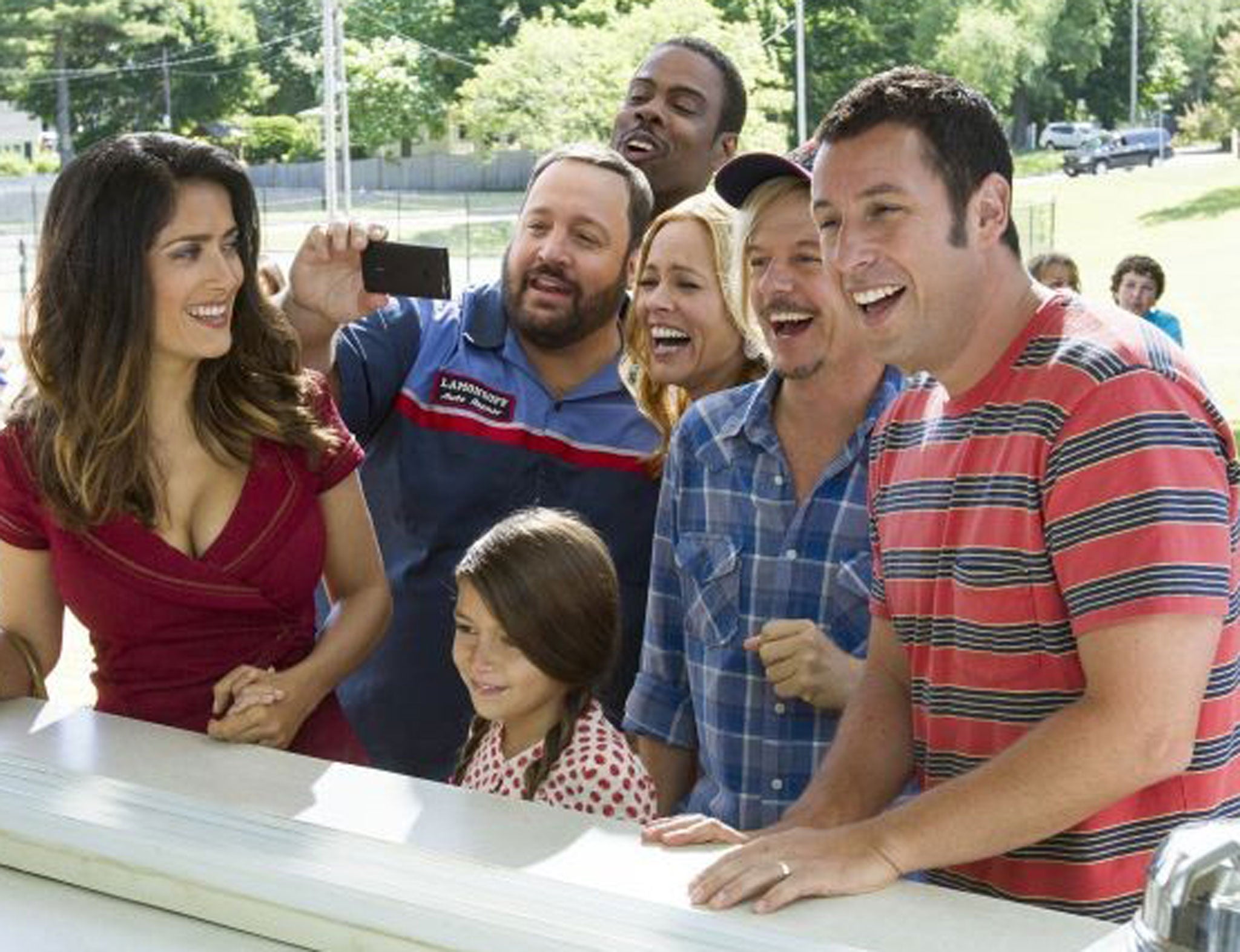 The cast of Grown Ups 2, including Salma Hayek, Kevin James, Chris Rock and Adam Sandler