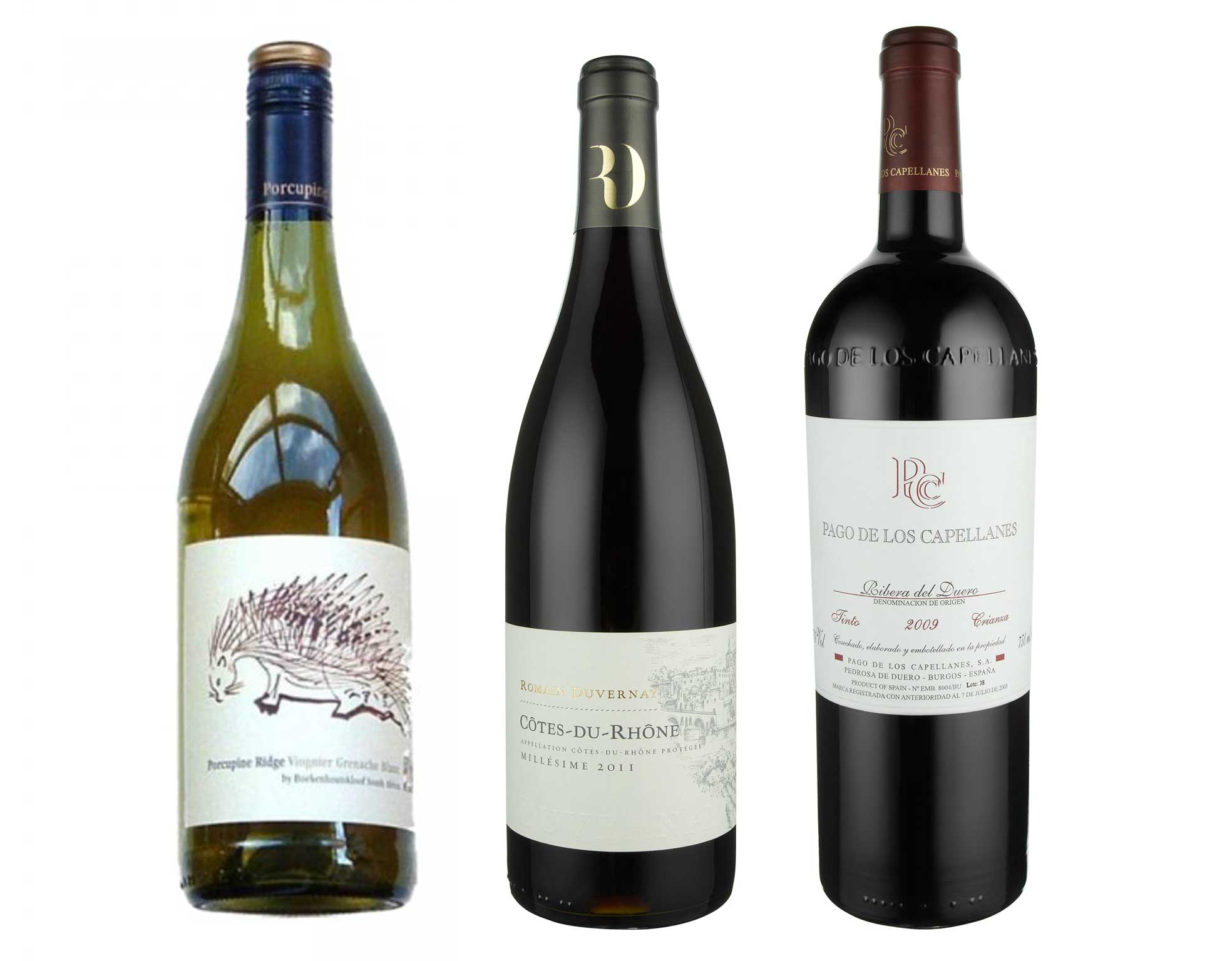 2012 Porcupine Ridge Viognier Grenache Blanc, 2011 Côtes du Rhône, Romain Duvernay, 2009 Pago de los Capellanes, Ribera del Duero