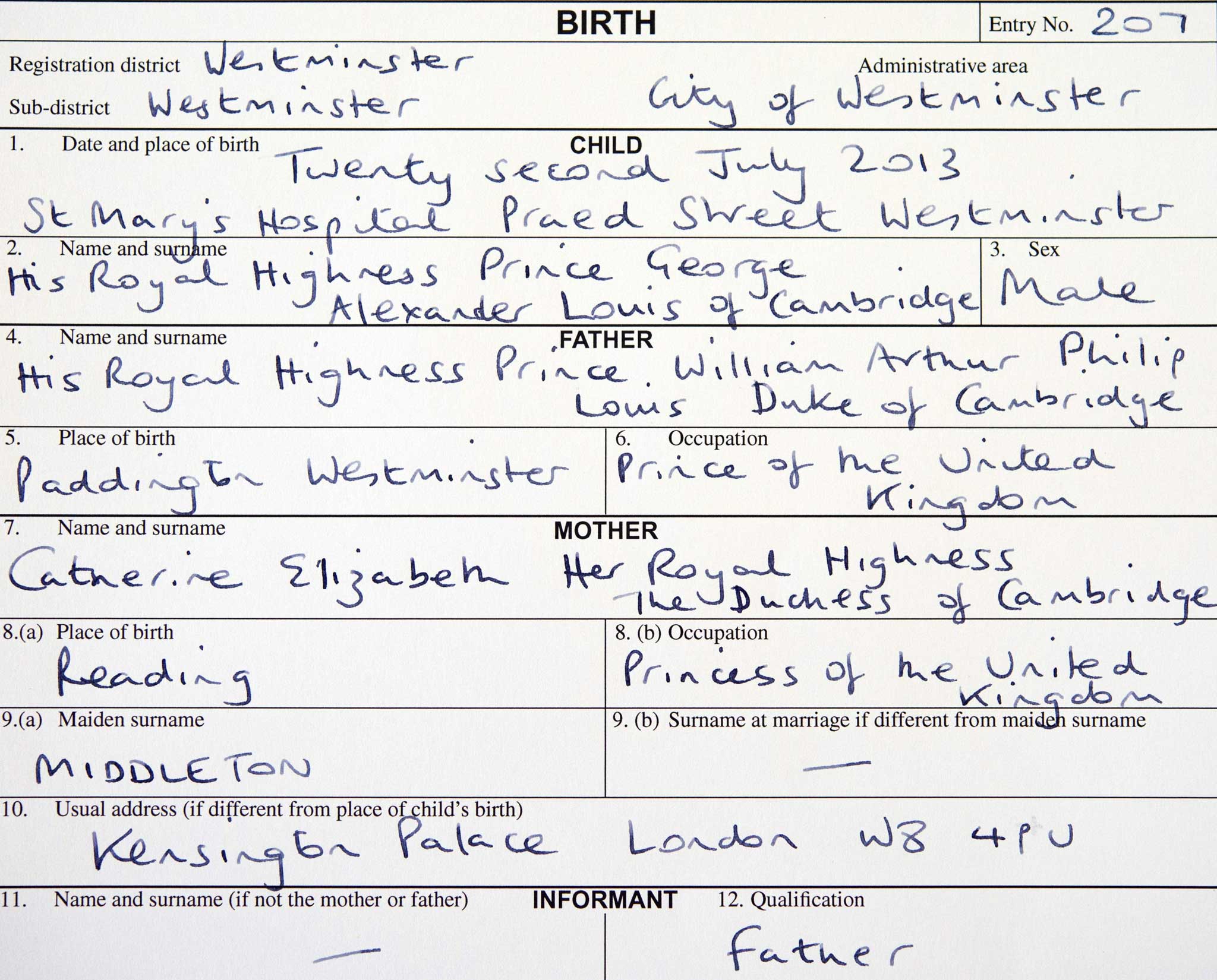 A copy of the birth register for Prince George of Cambridge