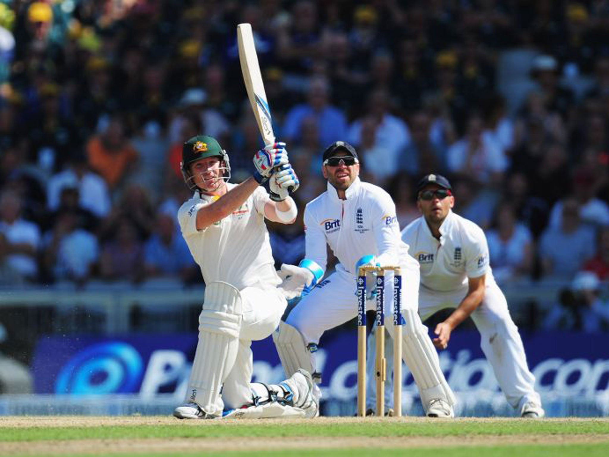 Australia’s Brad Haddin plays an assured stroke during his unbeaten 65