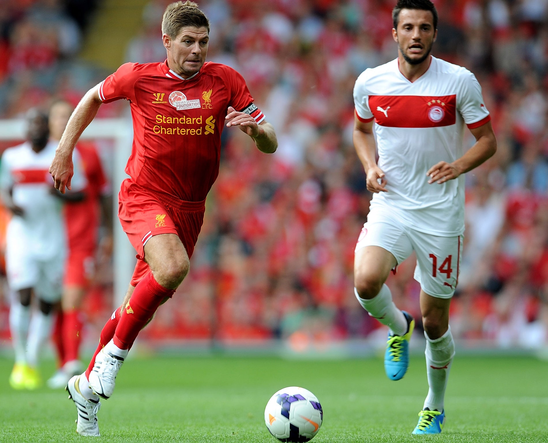 A trademark run from Steven Gerrard, but who couldn't replicate his famous goal from 2004 against Olympiacos in his testimonial against the same opposition