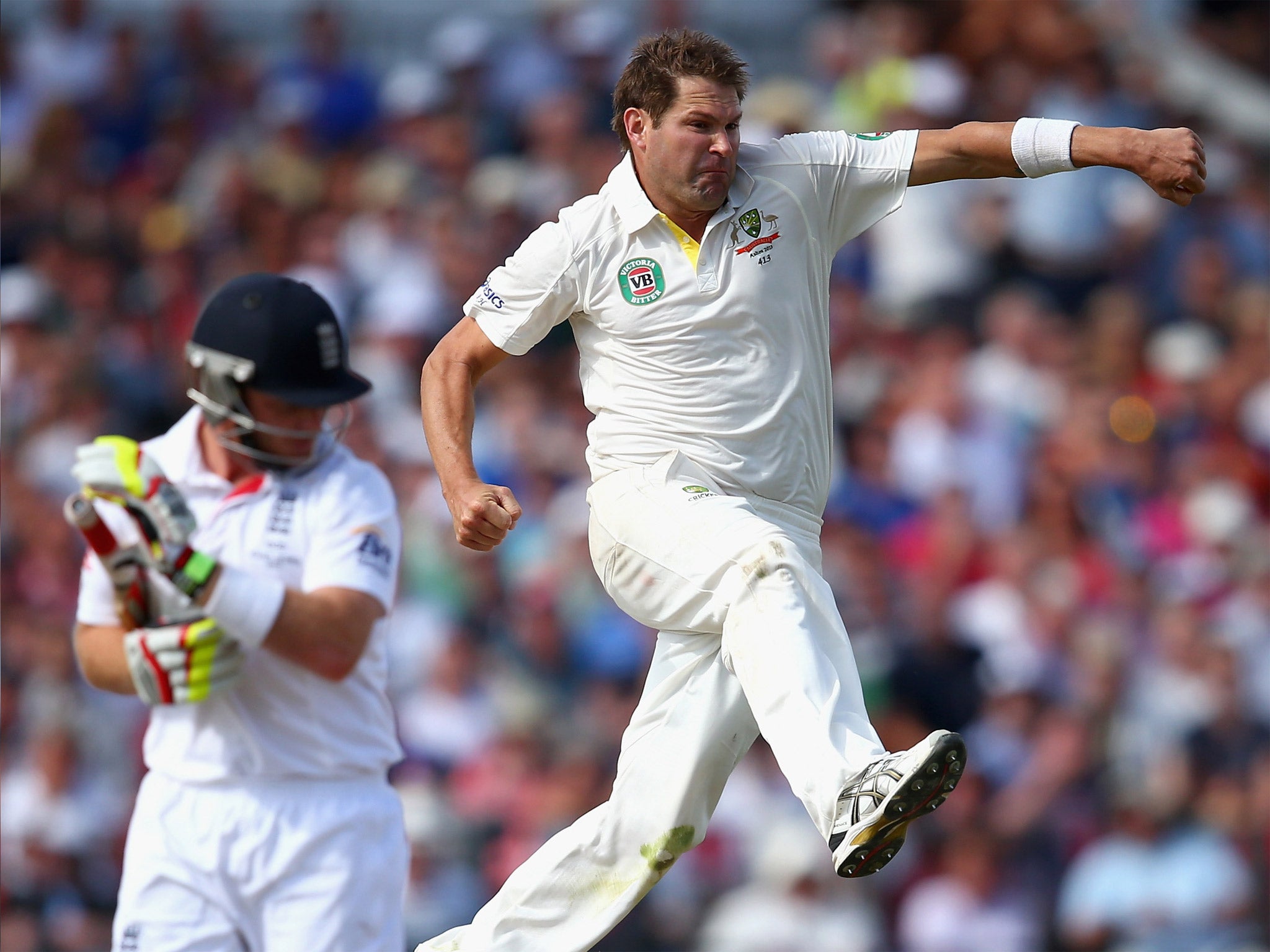 High flying: Australia’s Ryan Harris celebrates bowling Ian Bell