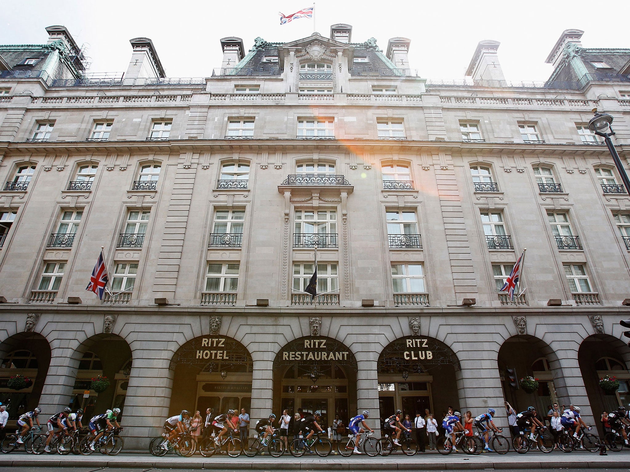 Cyclists pass The Ritz during the London to Surrey race that attracted 17,000 participants