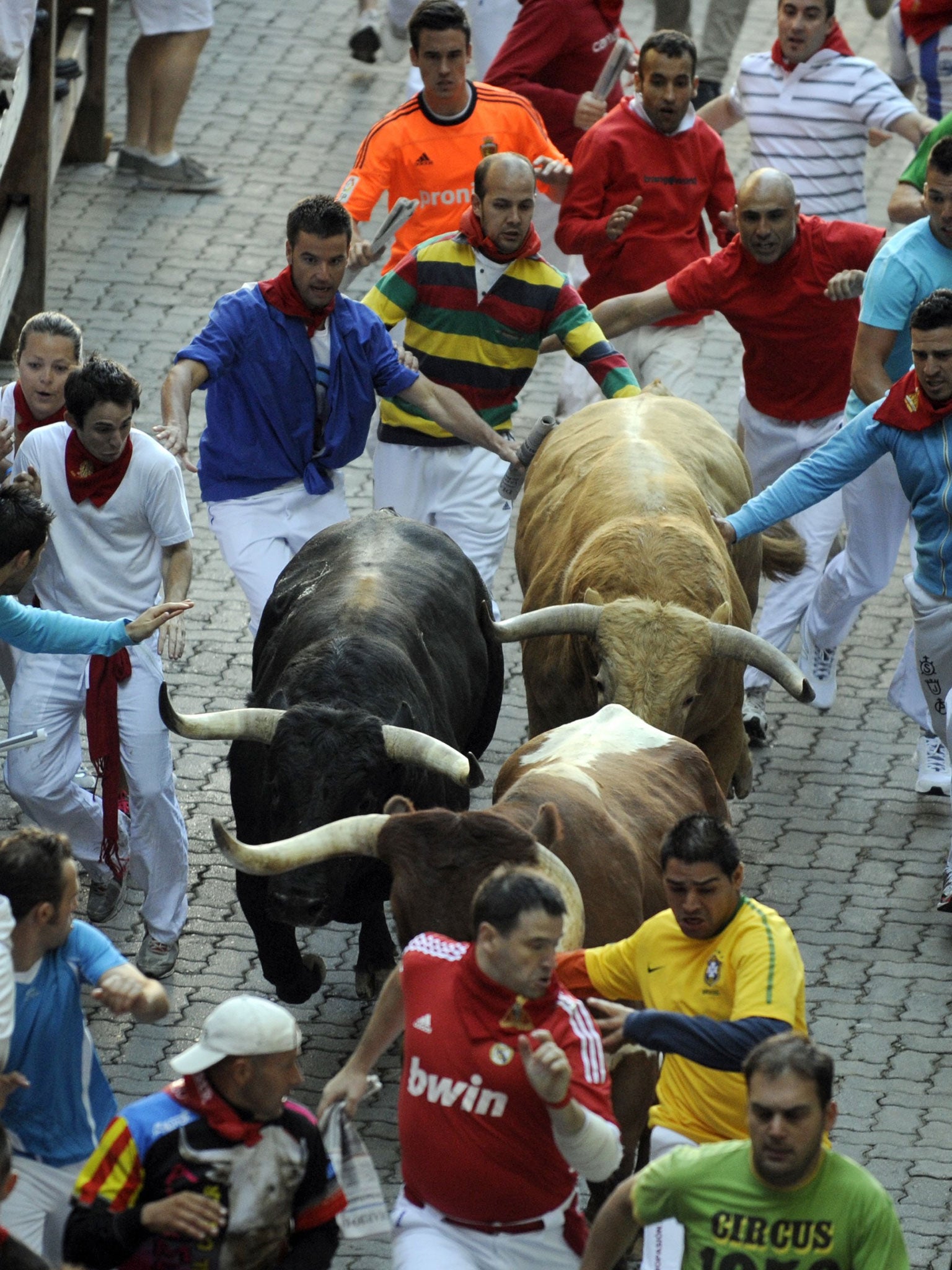 Participants run in front of bulls during the annual San Fermin festival, held every July in the northern Spanish city of Pamplona