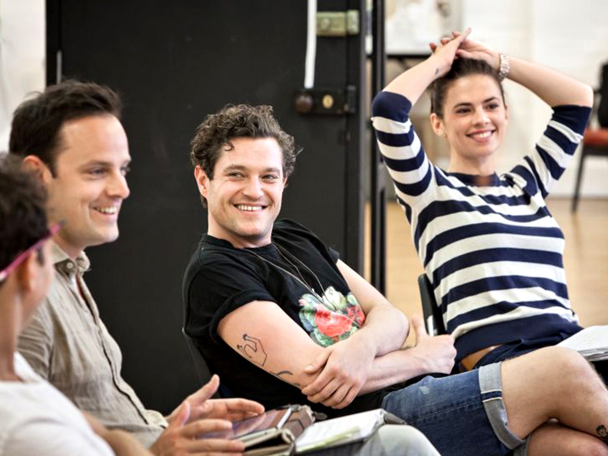 Earning her stripes: Hayley Atwell (far right) in rehearsal for 'The Pride' with Harry Hadden-Paton and Mathew Horne