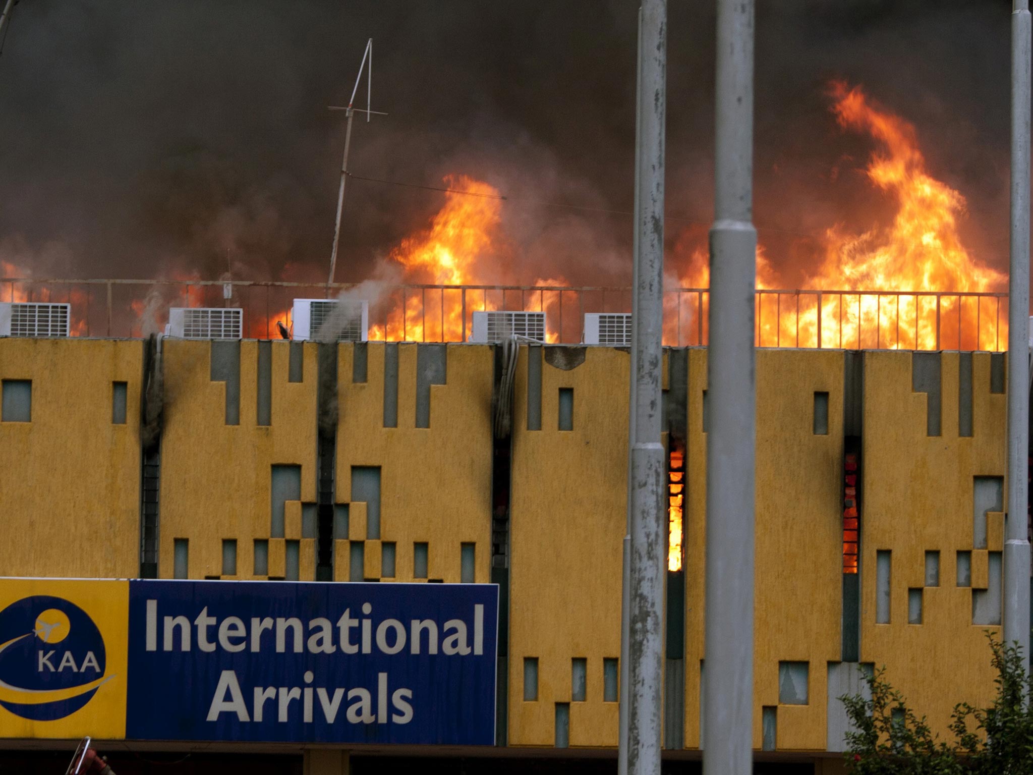 A blaze rages the arrivals hall at the Jomo Kenyatta International Airport in Nairobi, Kenya