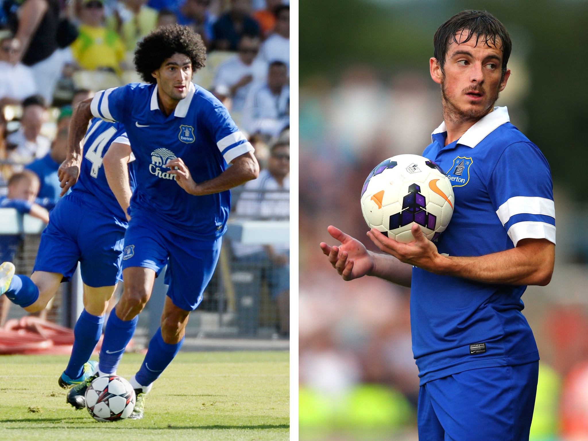 Marouane Fellaini and Leighton Baines in pre-season action for Everton