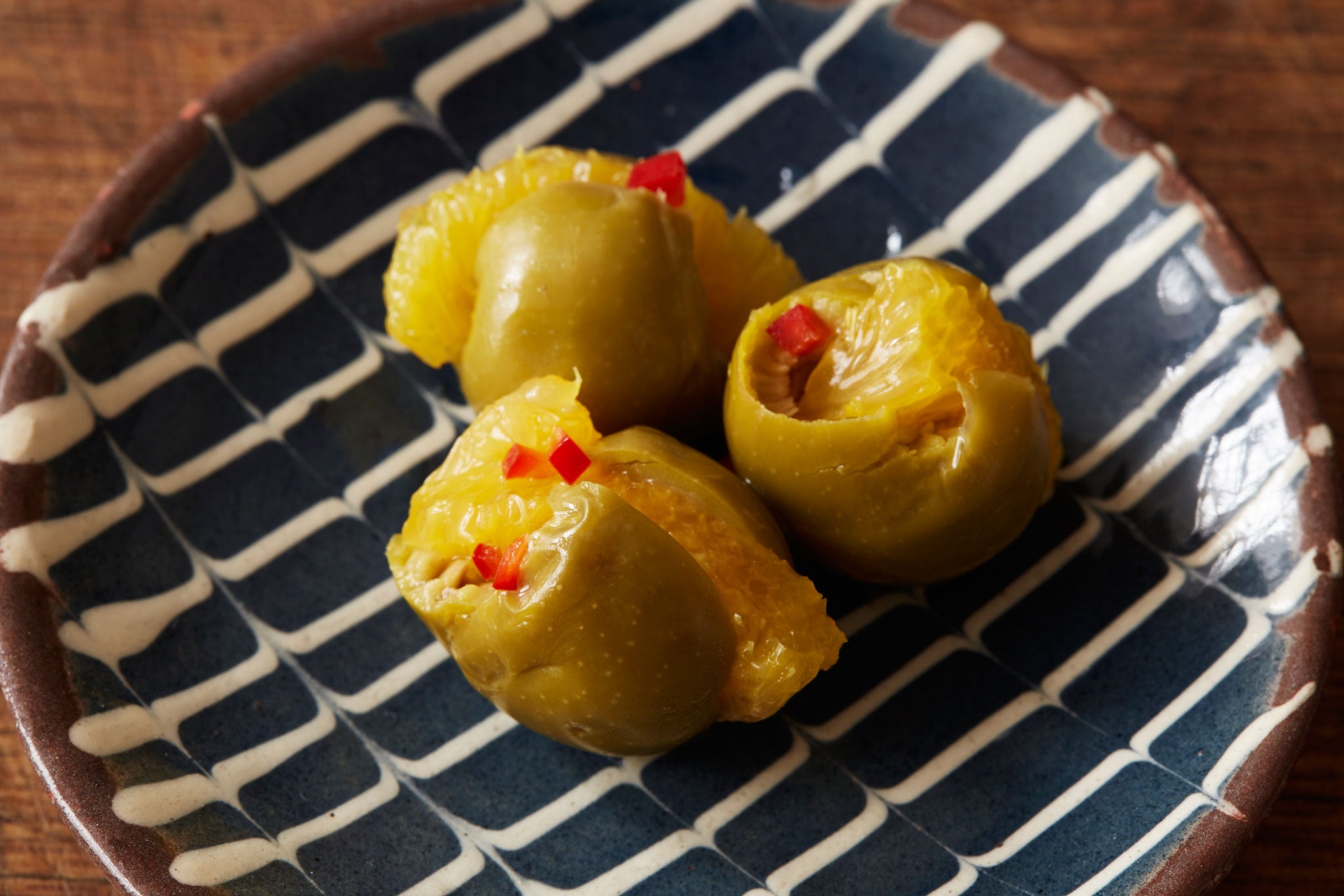 Stuffed olives with orange, oregano and chilli