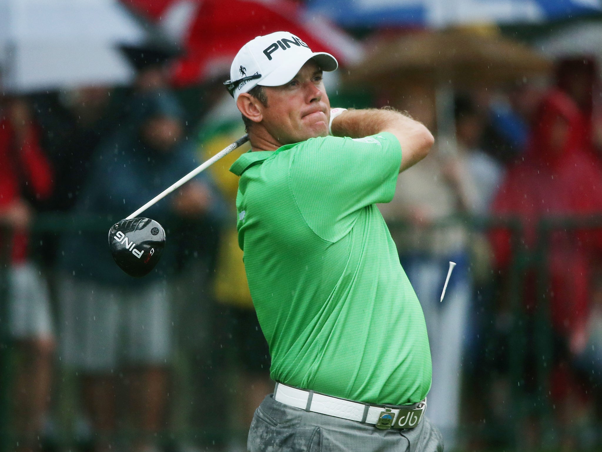 Lee Westwood's tee shot on the 14th as the rain continues to fall