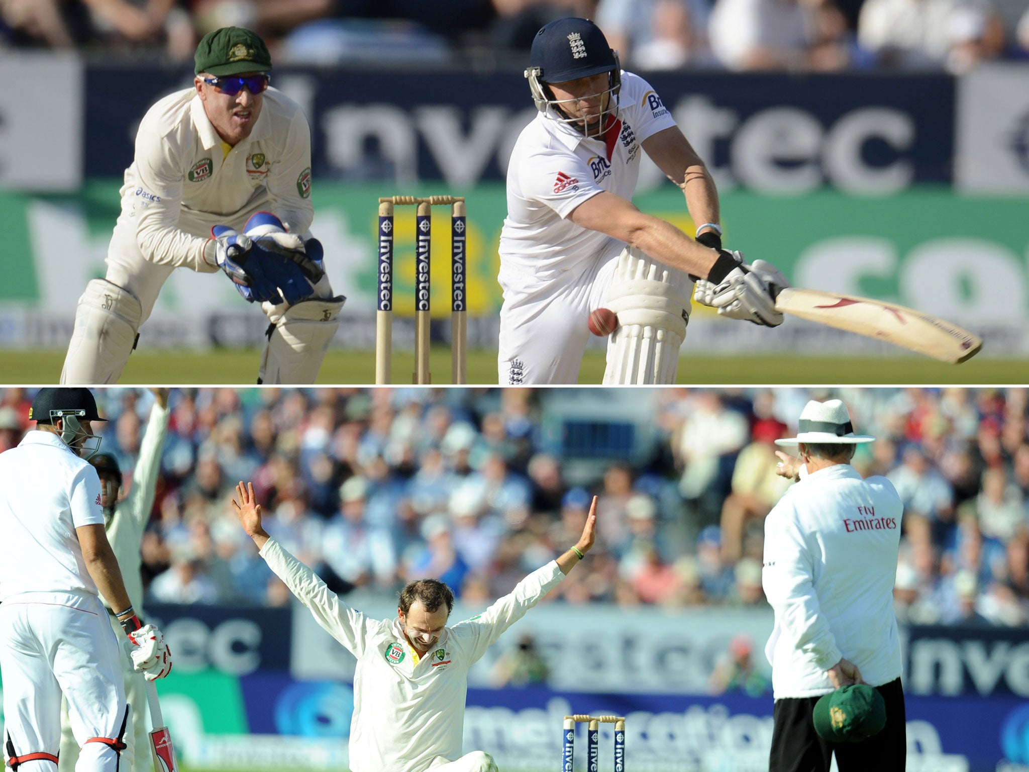 England batsman Jonny Bairstow is caught lbw and Australian spinner Nathan Lyon celebrates the wicket