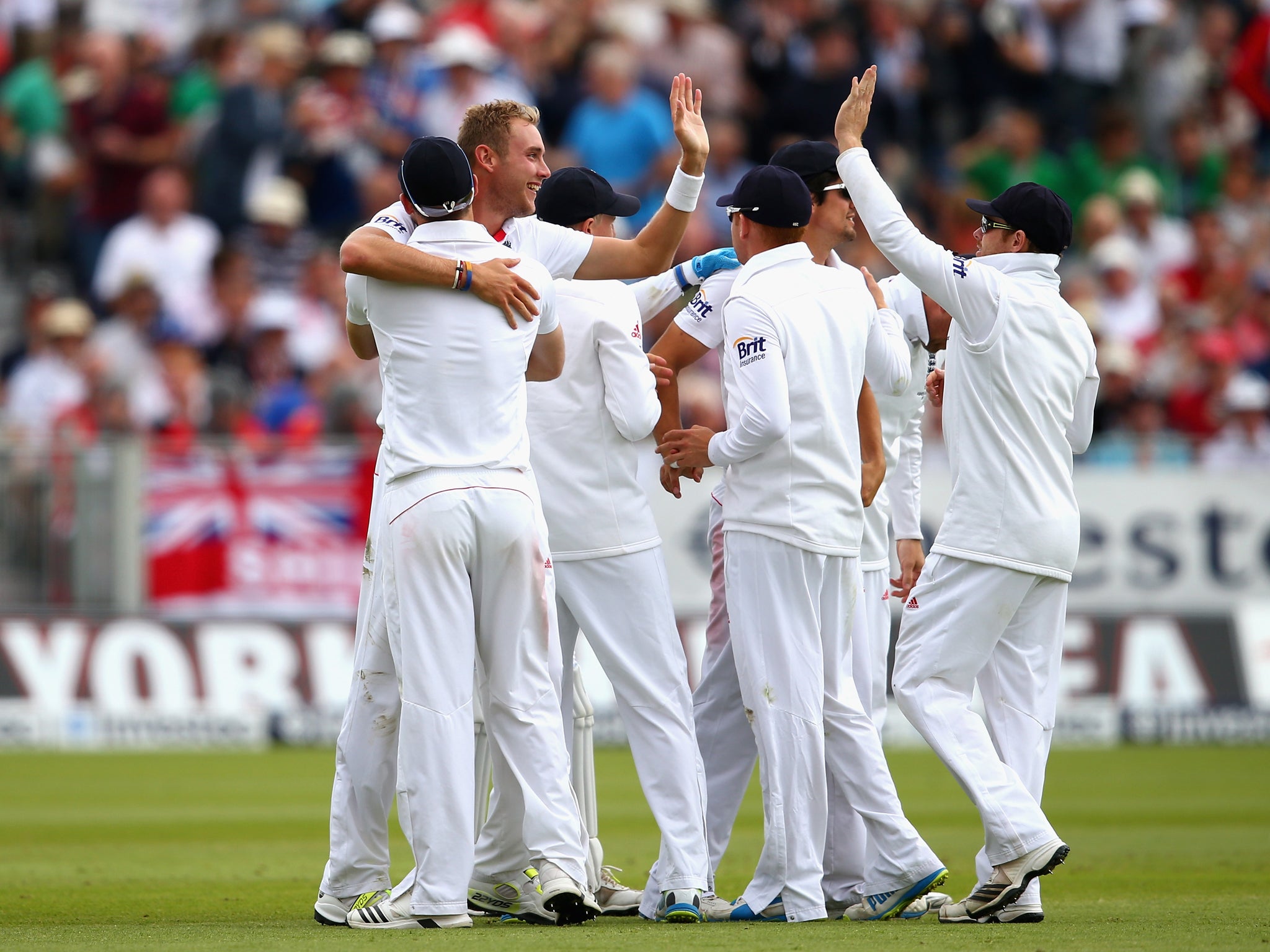 Stuart Broad celebrates after taking the wicket of Australian captain Michael Clarke