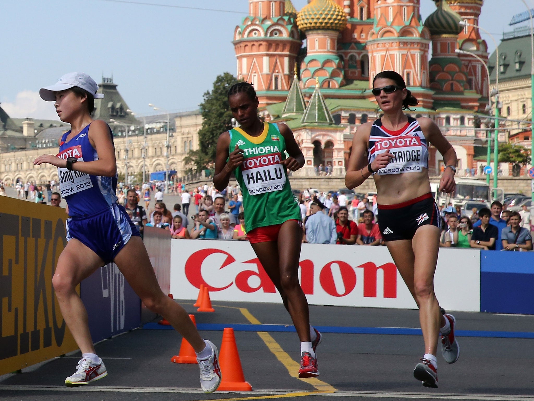 British presence: Susan Partridge (right) attacks in Red Square