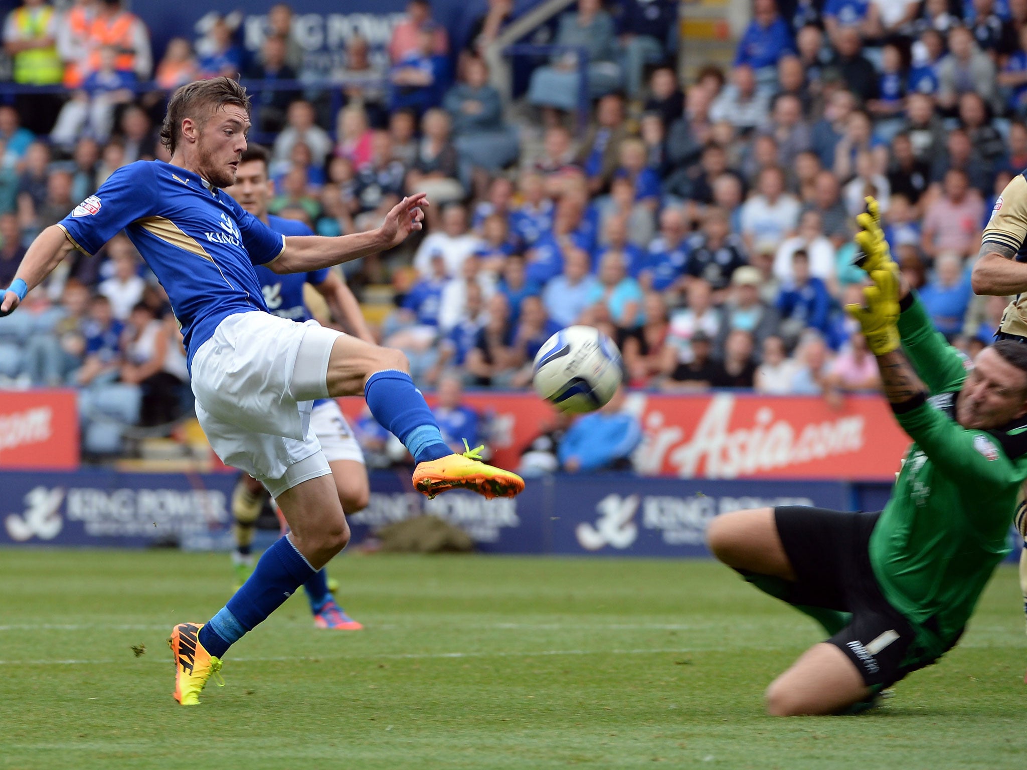 Leicester's Jamie Vardy with a shot against Leeds United