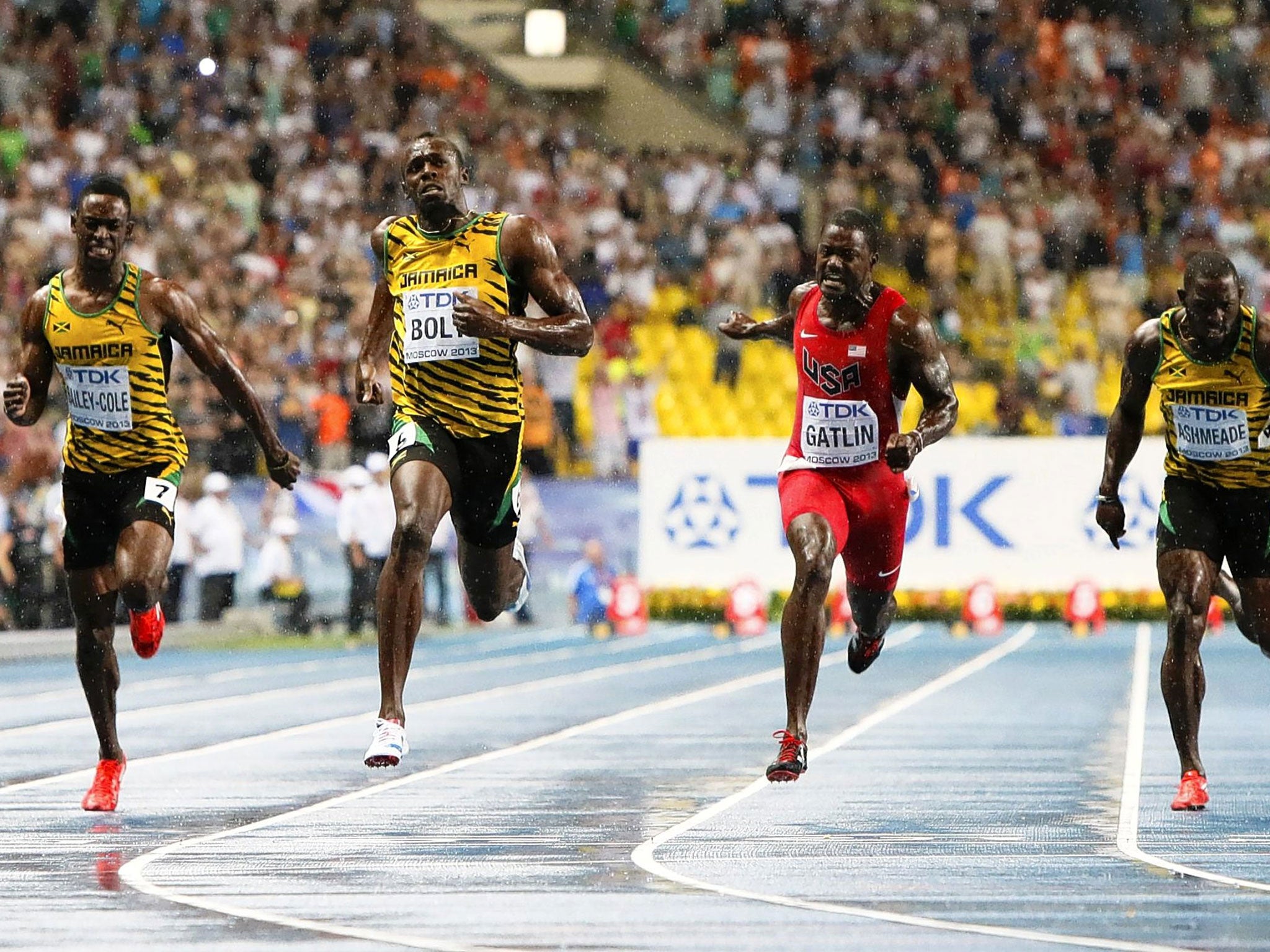 Usain Bolt storms to victory in the 100m last night, with Justin Gatlin second