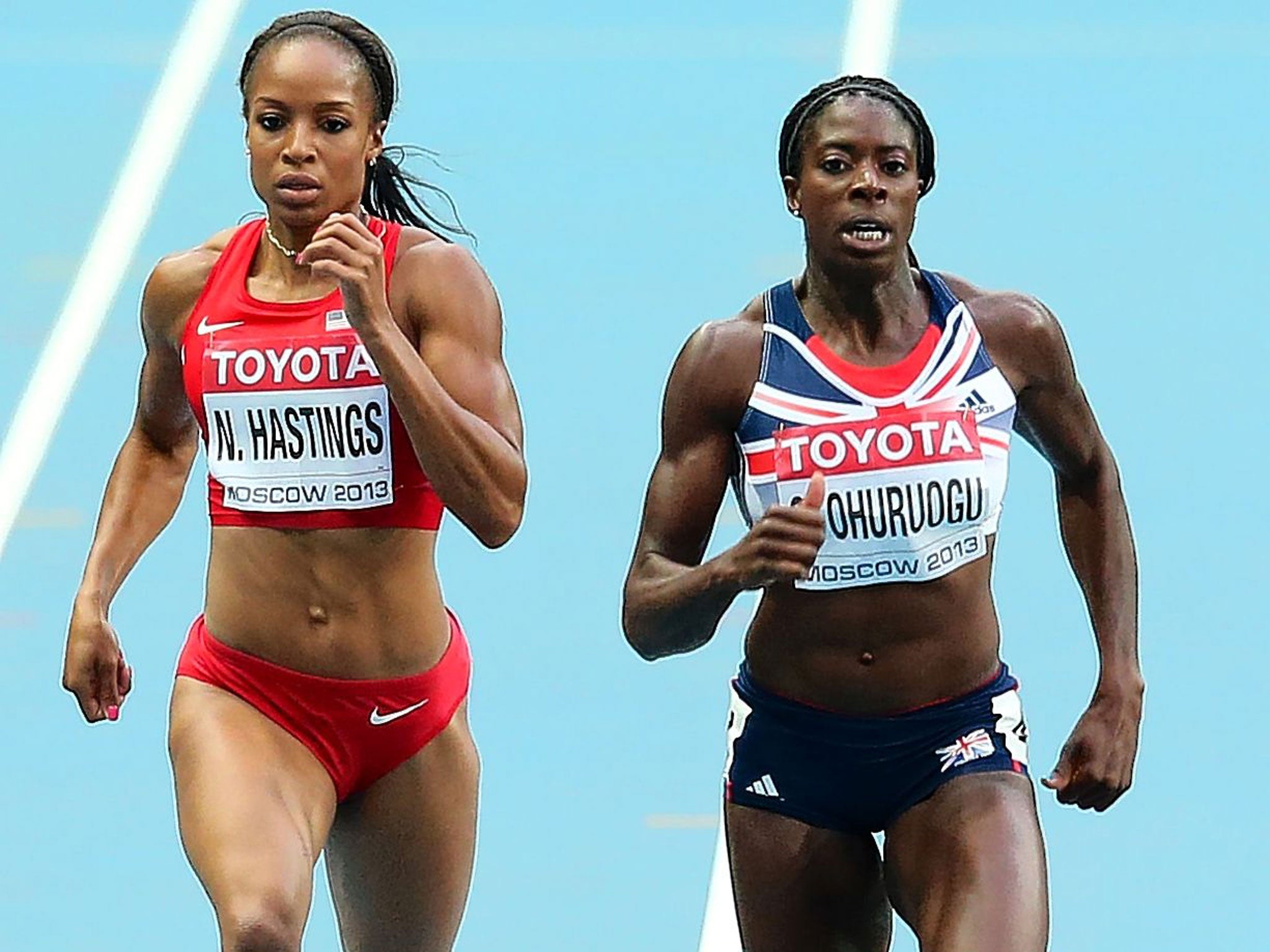 Christine Ohuruogu powers away from Natasha Hastings in the 400m semi-final