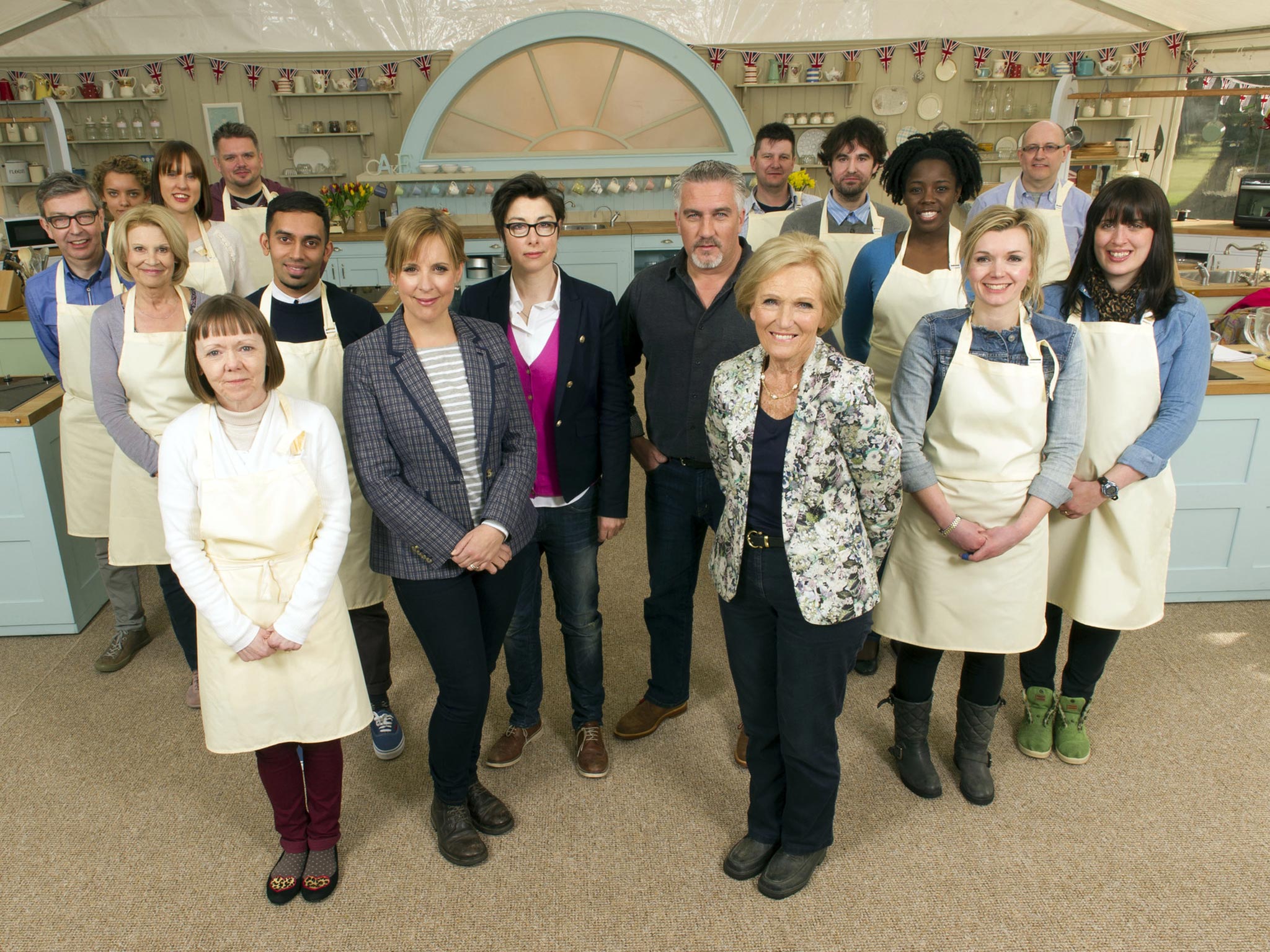The contestants, presenters Mel Giedroyc and Sue Perkins  and judges Paul Hollywood and Mary Berry