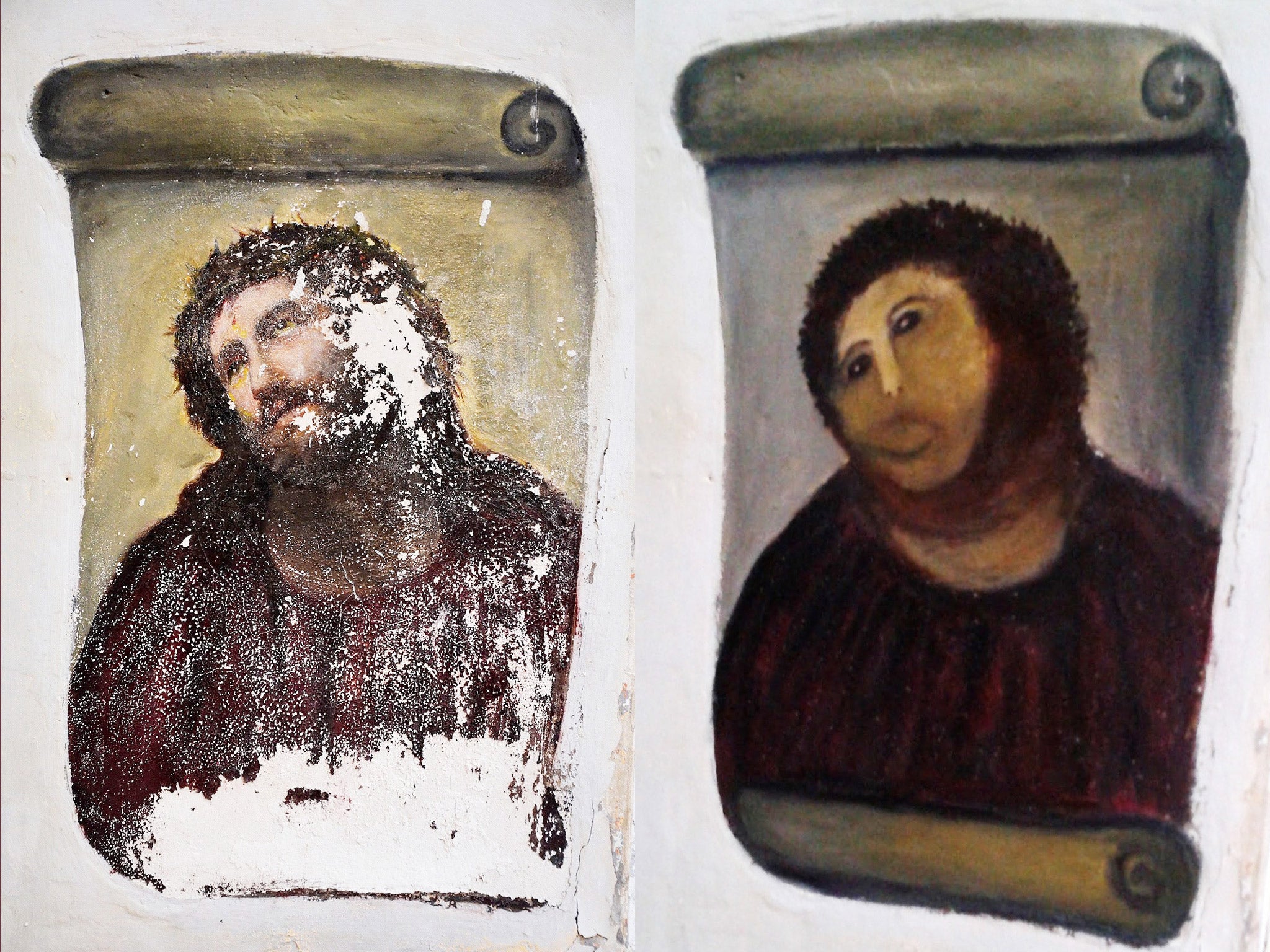 The Spanish church’s fresco was succumbing to damp, left, before its facelift