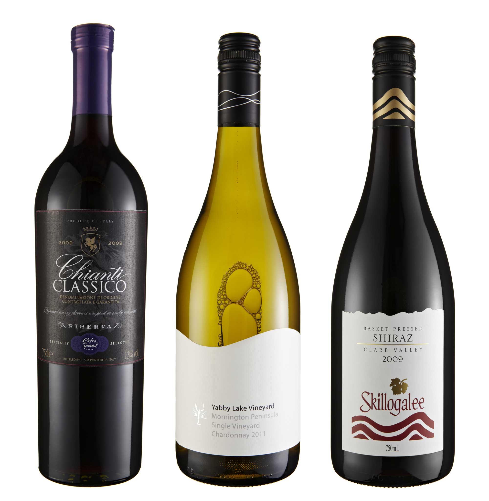 2009 Asda Extra Special Chianti Classico Riserva; 2011 Yabby Lake Single Vineyard Chardonnay; 2009 Skilogalee Basket Pressed Shiraz, Clare Valley