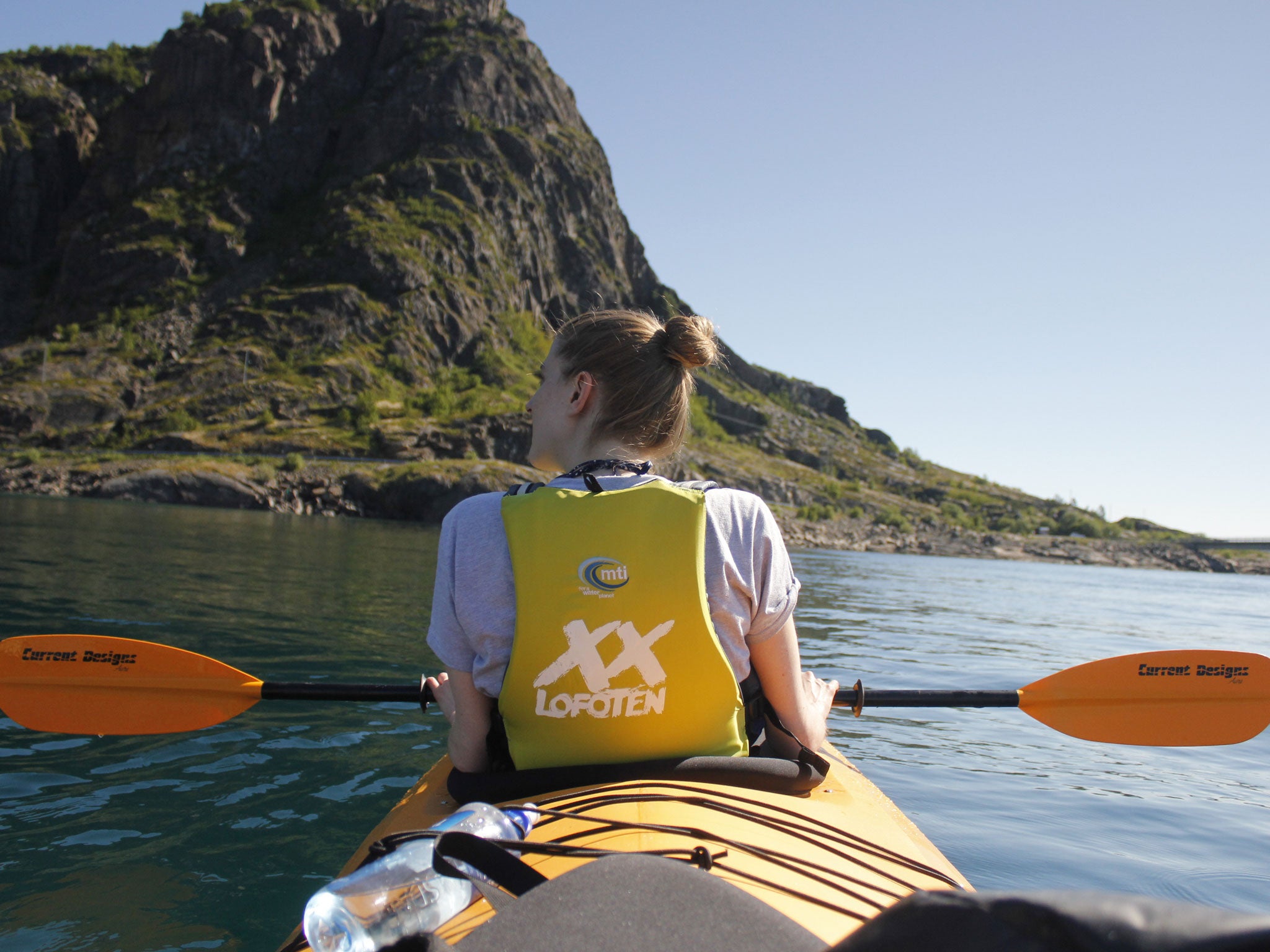 The writer kayaking in Henningsvaer
