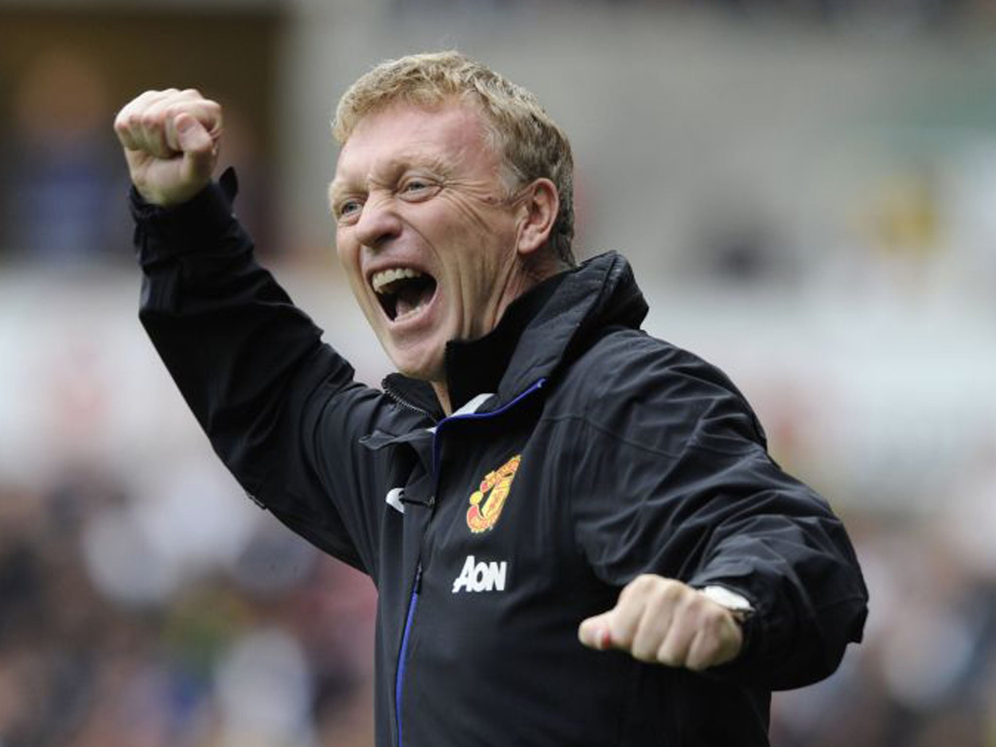 Moyes celebrates one of Manchester United goals during his first league game in charge of the club (Rebecca Naden/Reuters)