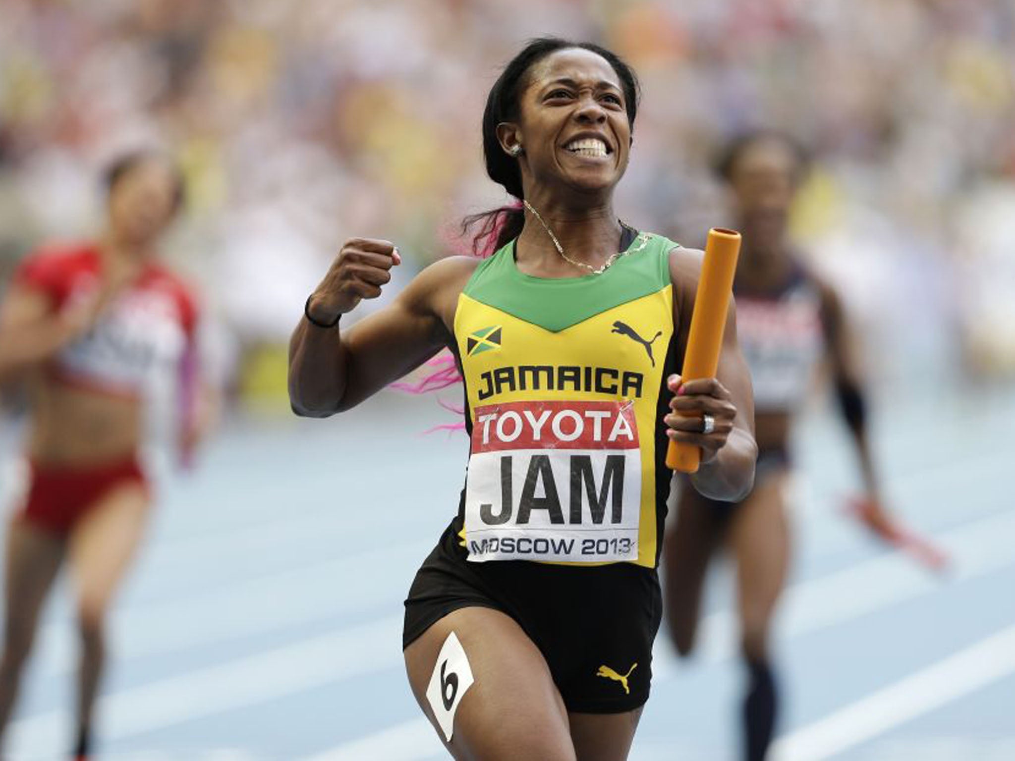 Shelly-Ann Fraser-Pryce anchored Jamaica's 4x100m women's team to victory - winning her third gold of the Championships and fifth world title (Anja Niedringhaus/AP)