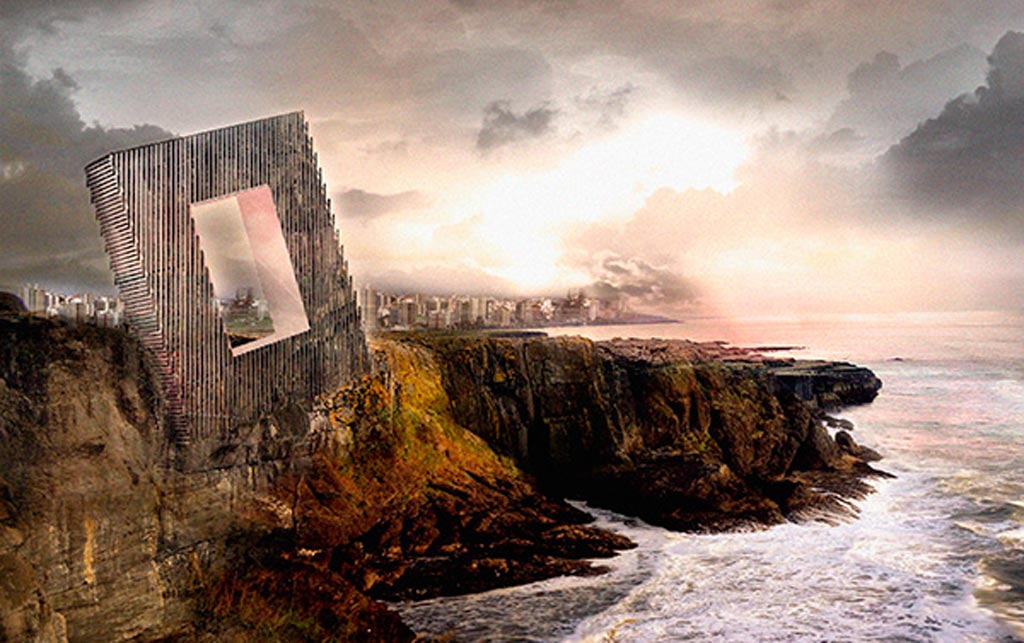 An image showing the exterior of the Unbalanced Hotel. The building will be tilted like a picture frame on the edge of Pacific Ocean