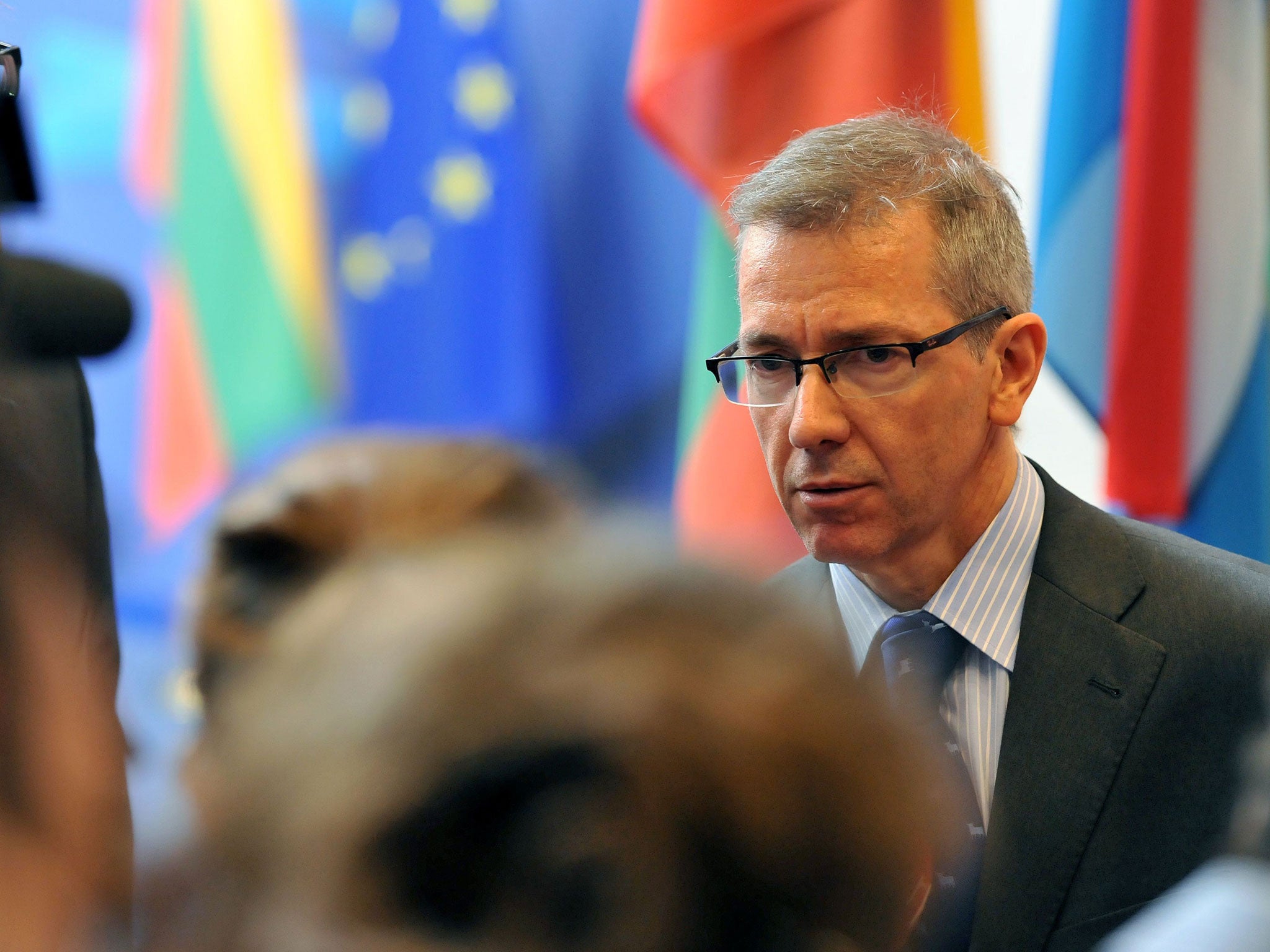 EU Special Representative for the Southern Mediterranean Bernardino Leon talks to the press on August 19, 2013 following EU Ambassadors on the bloc's Political and Security Committee meeting