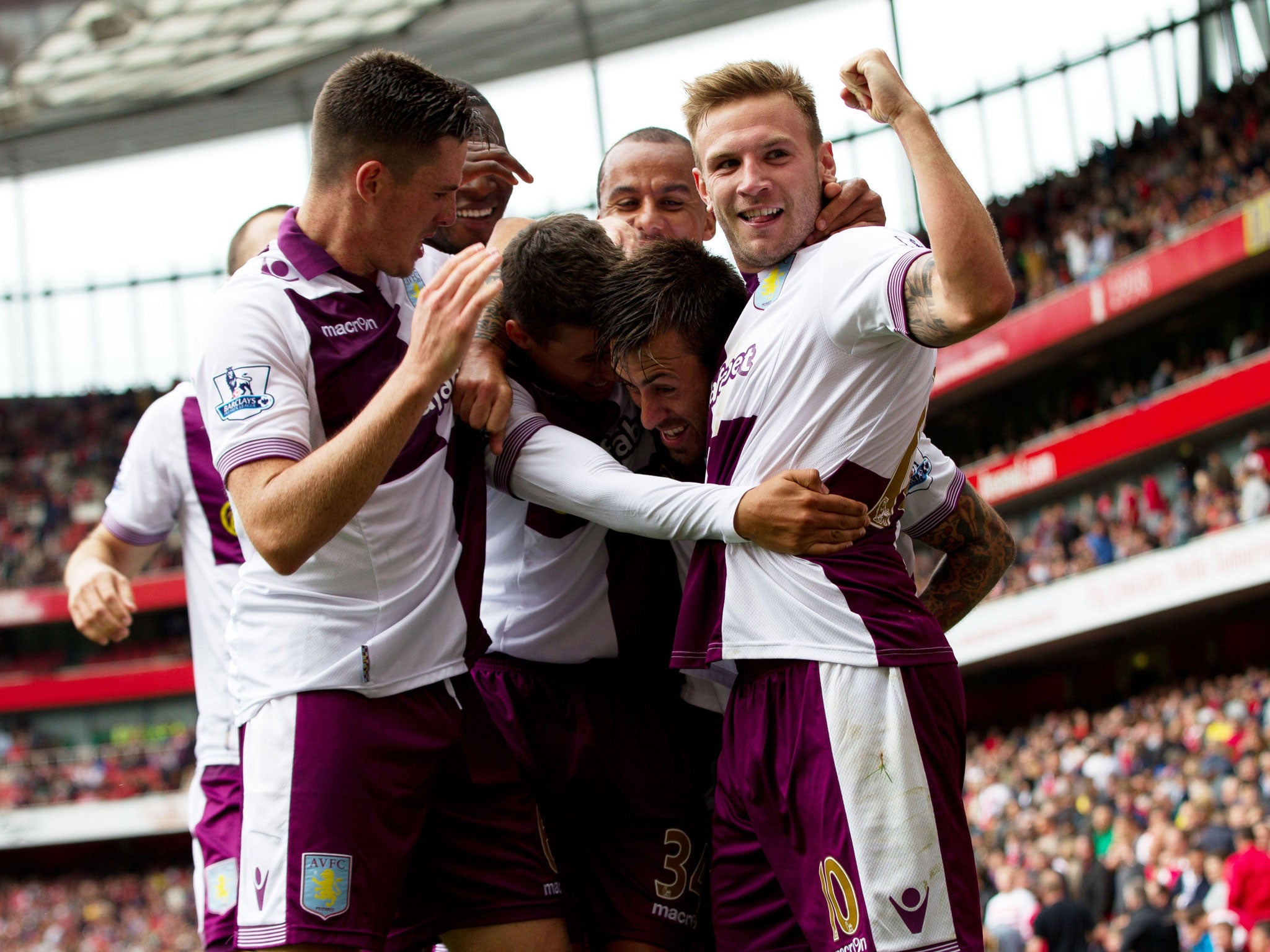 Aston Villa celebrate Antonio Luna's goal against Arsenal on Saturday