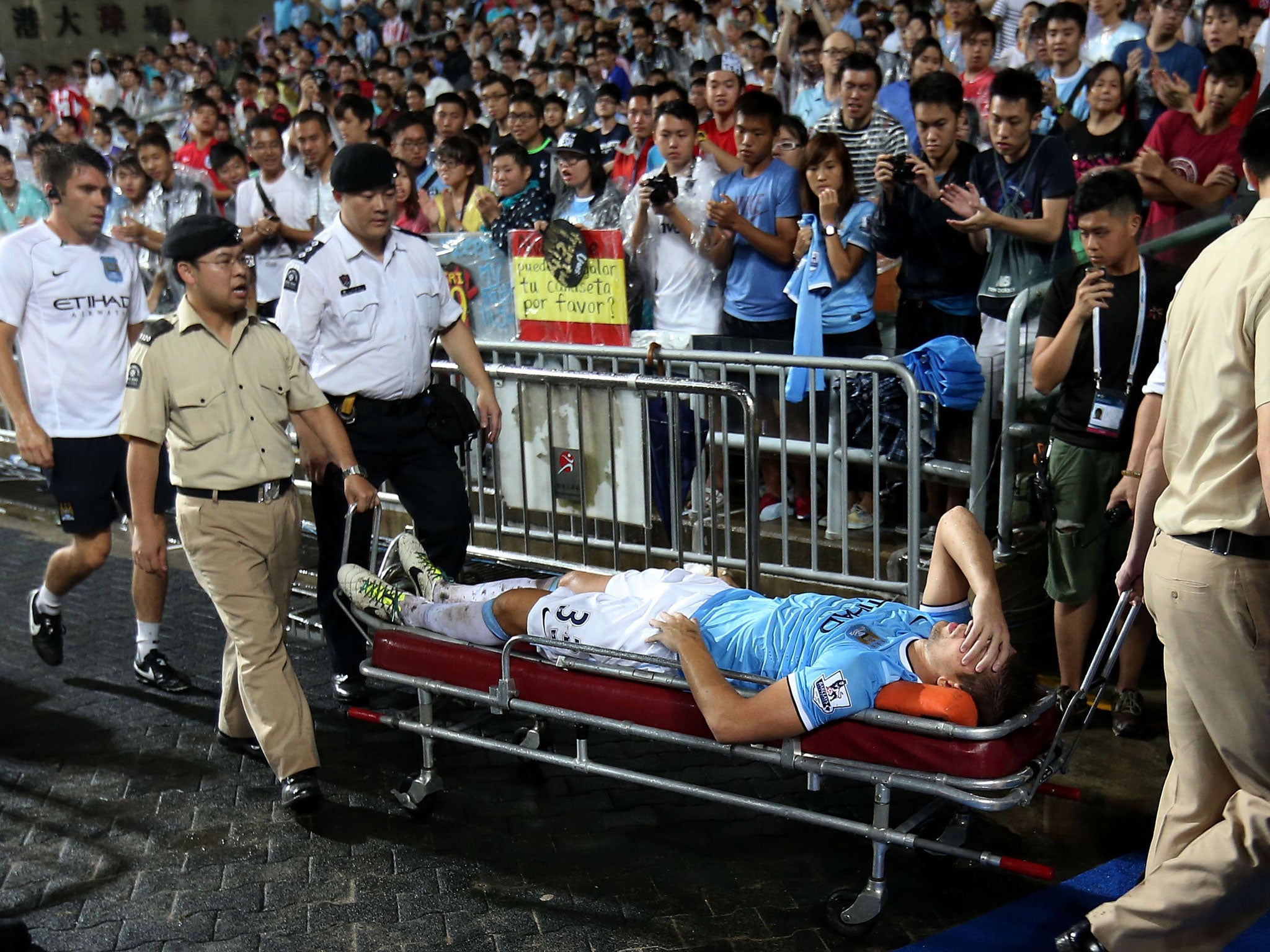 Matija Nastasic was carried from the Hong Kong pitch during pre-season