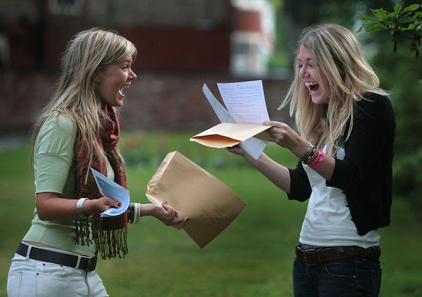 Two girls share their joy after opening their results.