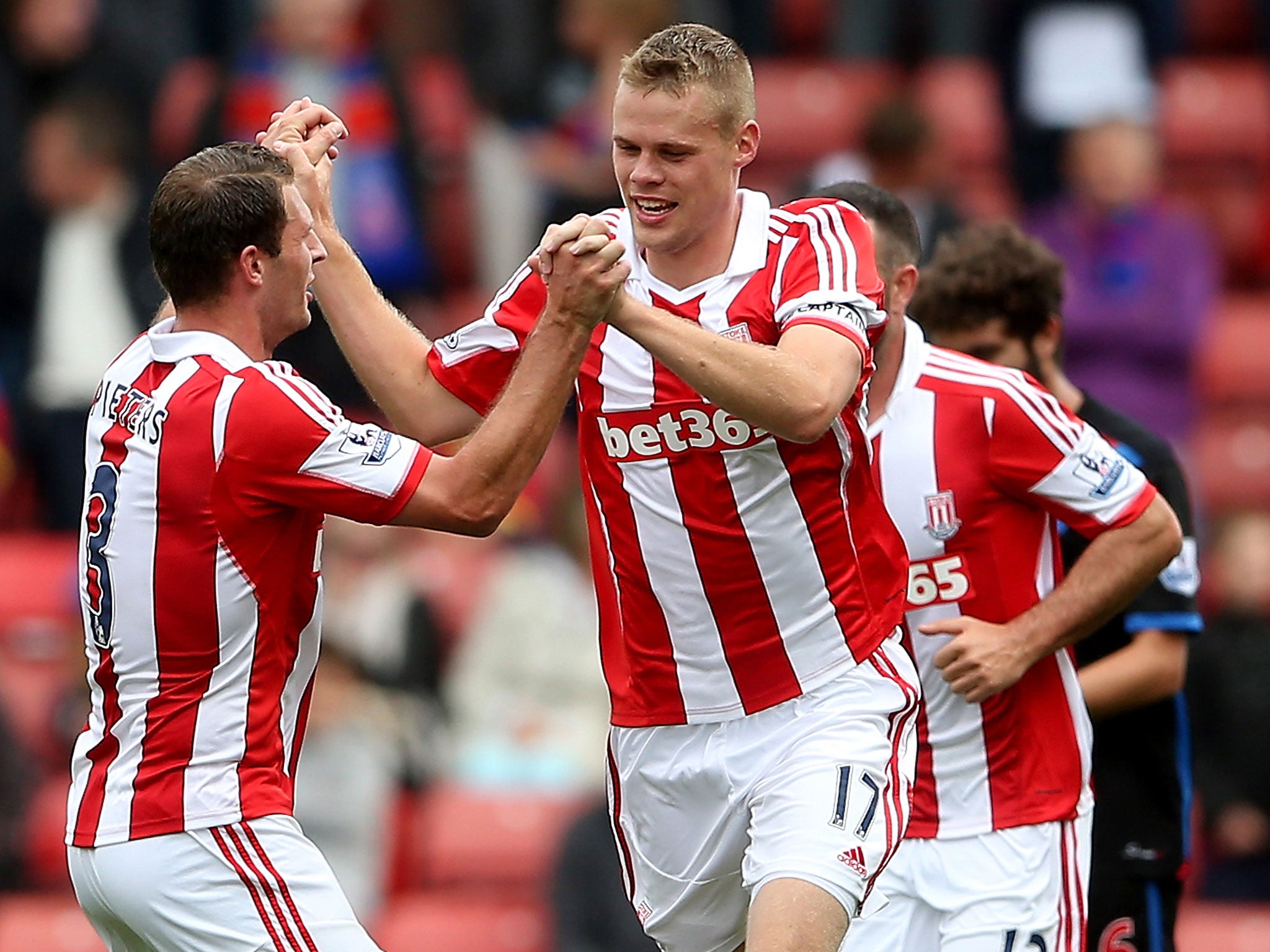 Ryan Shawcross is congratulated by Erik Pieters after scoring the winner for Stoke